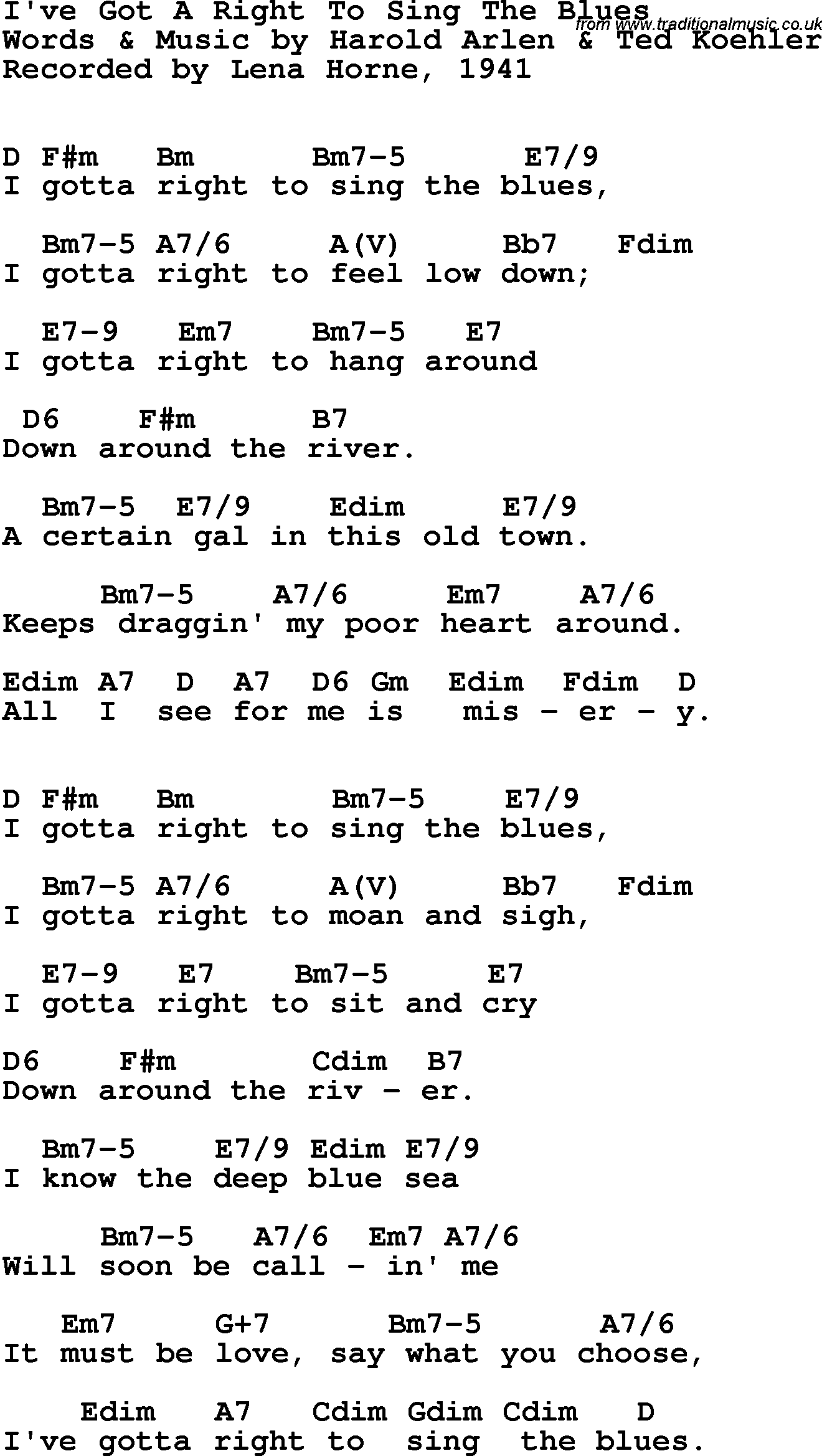 Song Lyrics with guitar chords for I've Gotta Right To Sing The Blues - Lena Horne, 1941