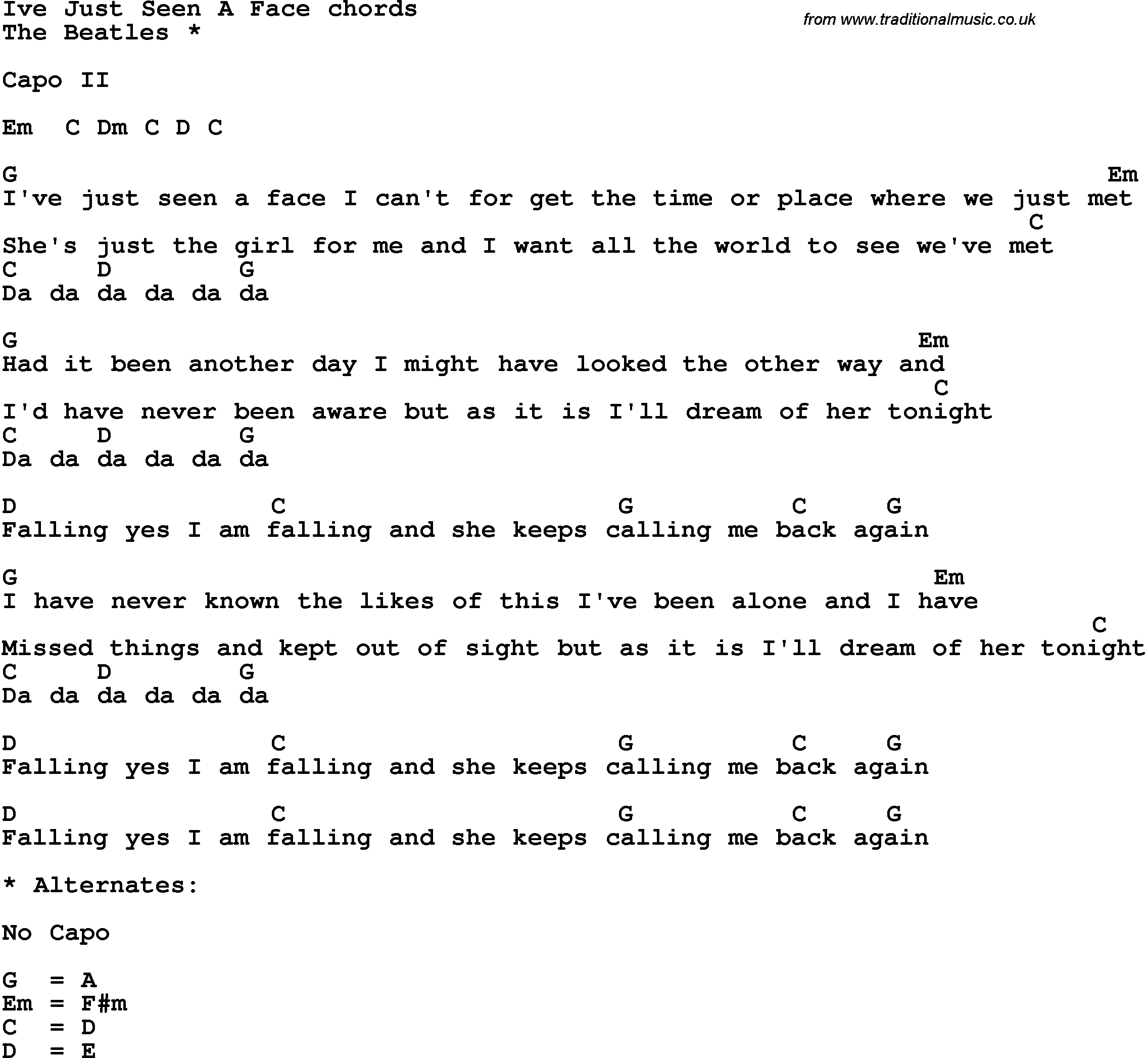 Song Lyrics with guitar chords for I've Just Seen A Face