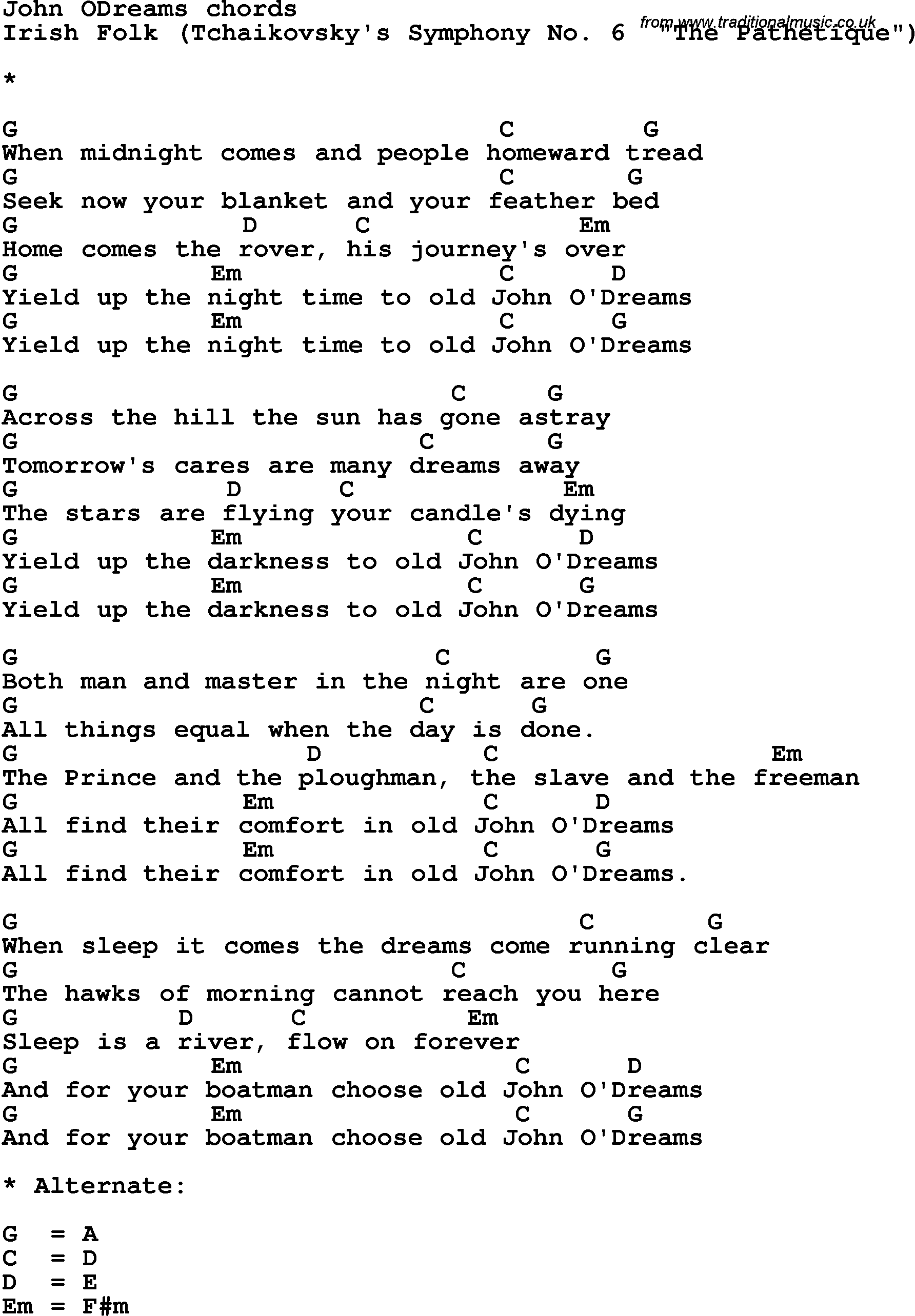 Song Lyrics with guitar chords for John O'dreams