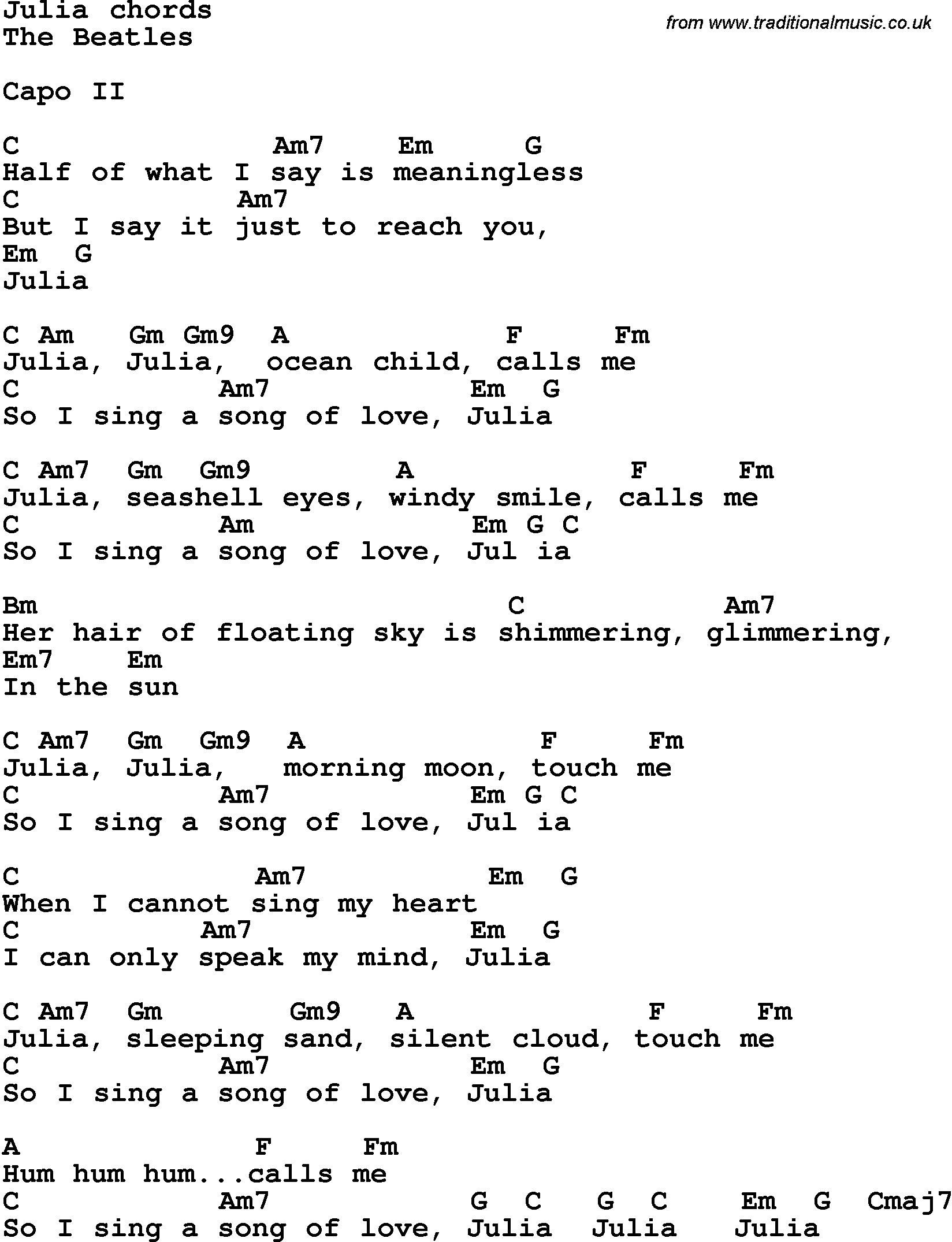 Song Lyrics with guitar chords for Julia - The Beatles