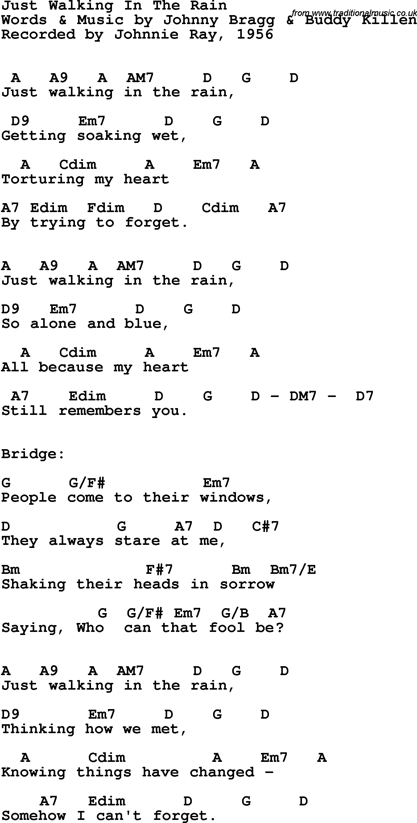 Song Lyrics with guitar chords for Just Walking In The Rain - Johnny Ray, 1956