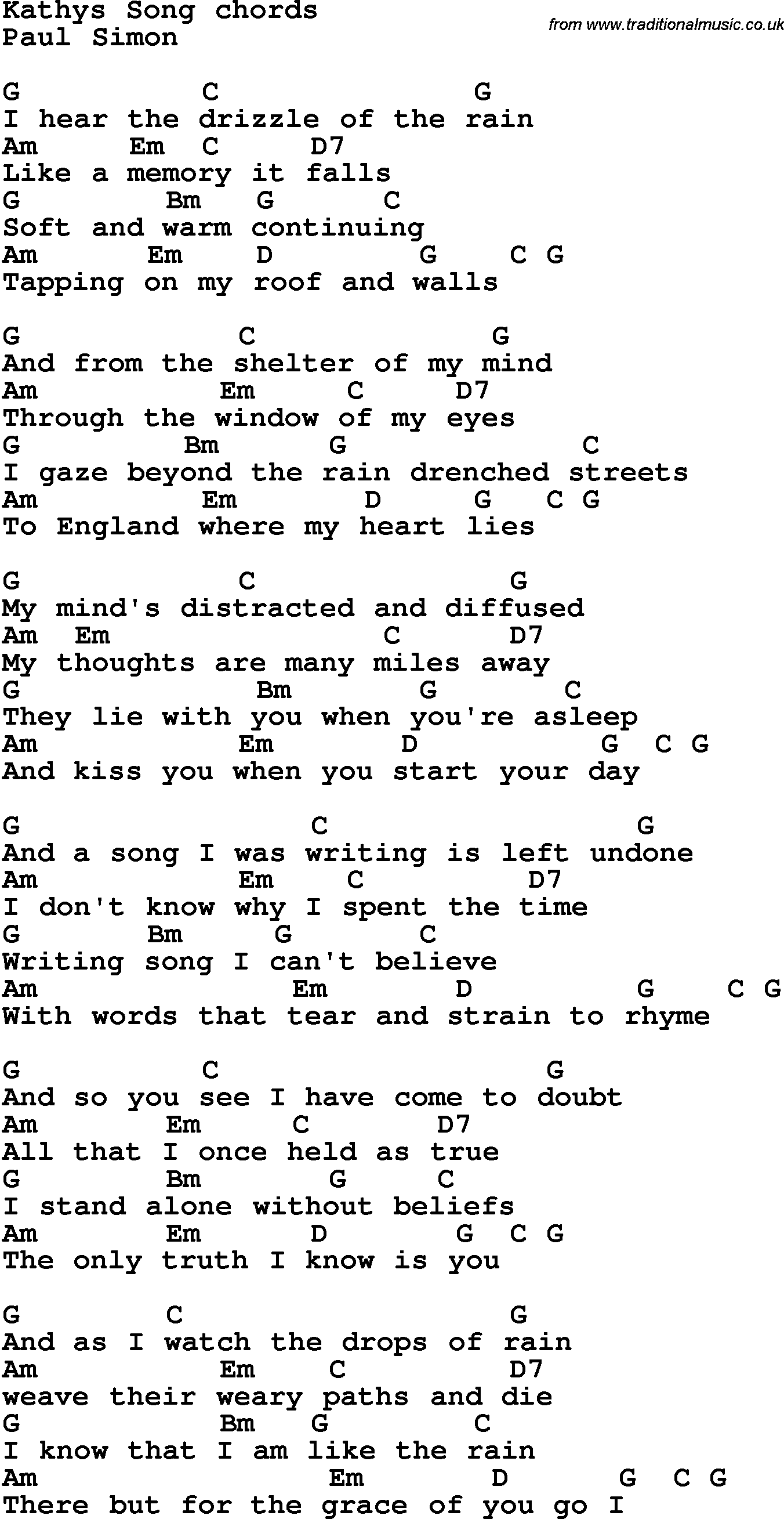 som resultat udtale ude af drift Song lyrics with guitar chords for Kathy's Song