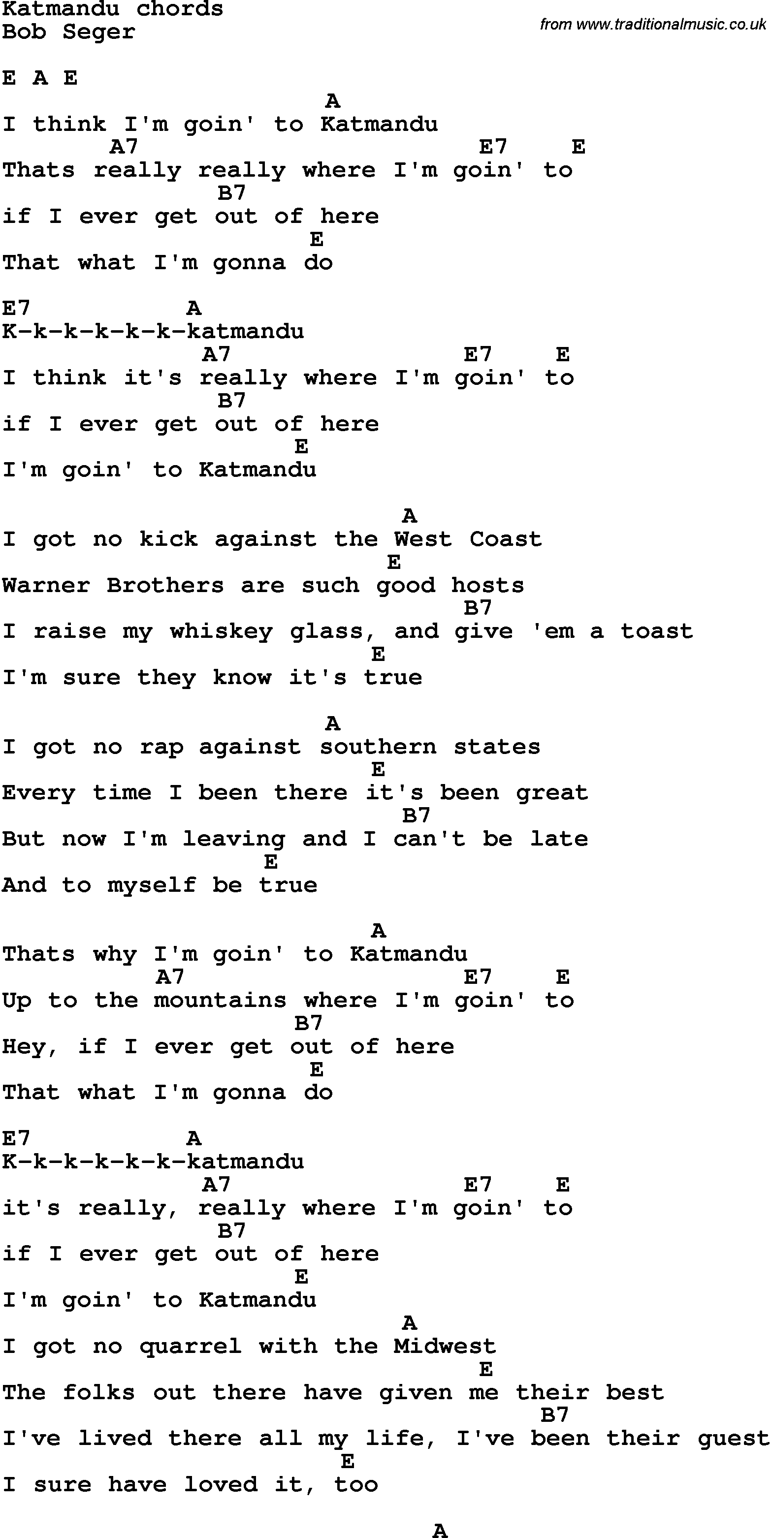 Song Lyrics with guitar chords for Katmandu