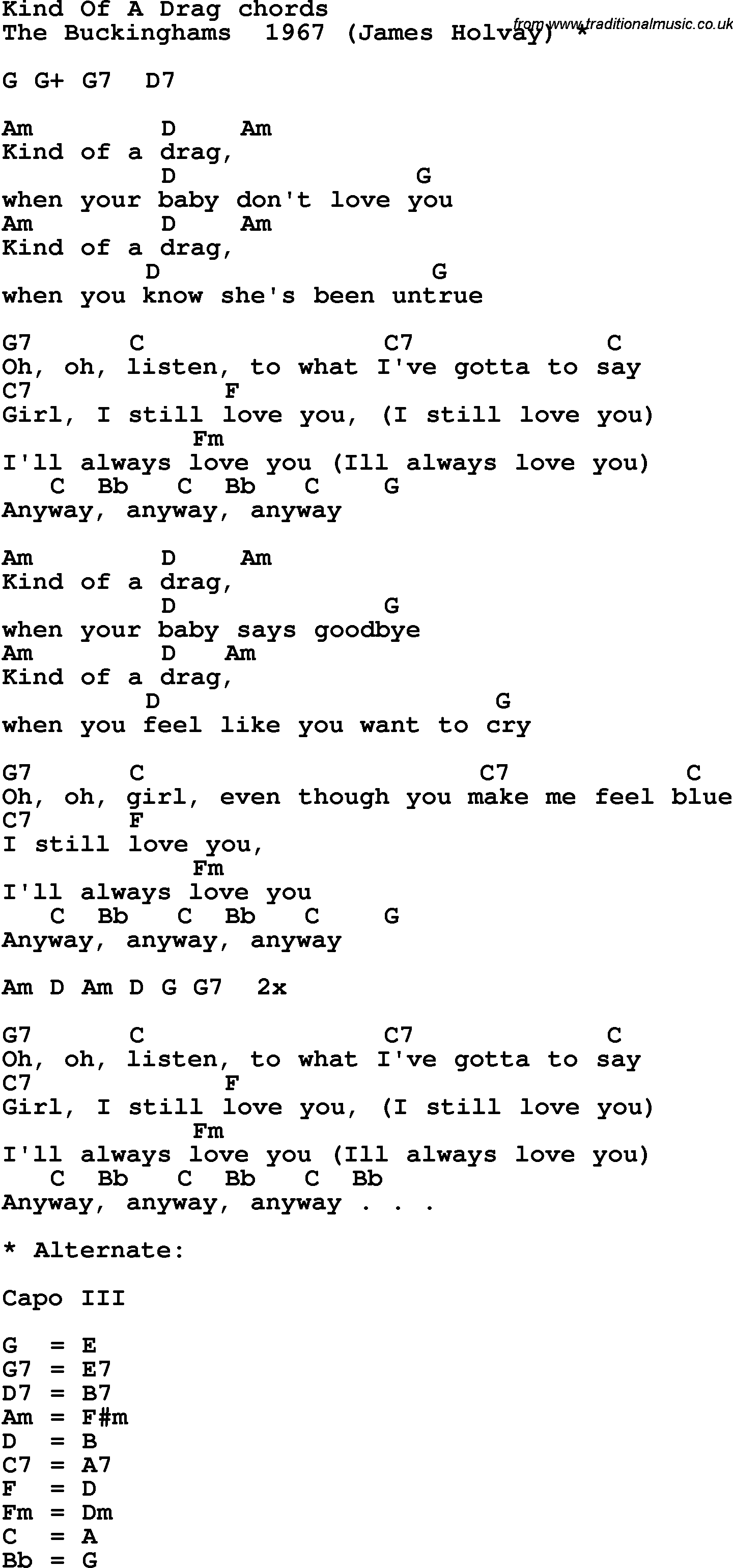 Song Lyrics with guitar chords for Kind Of A Drag