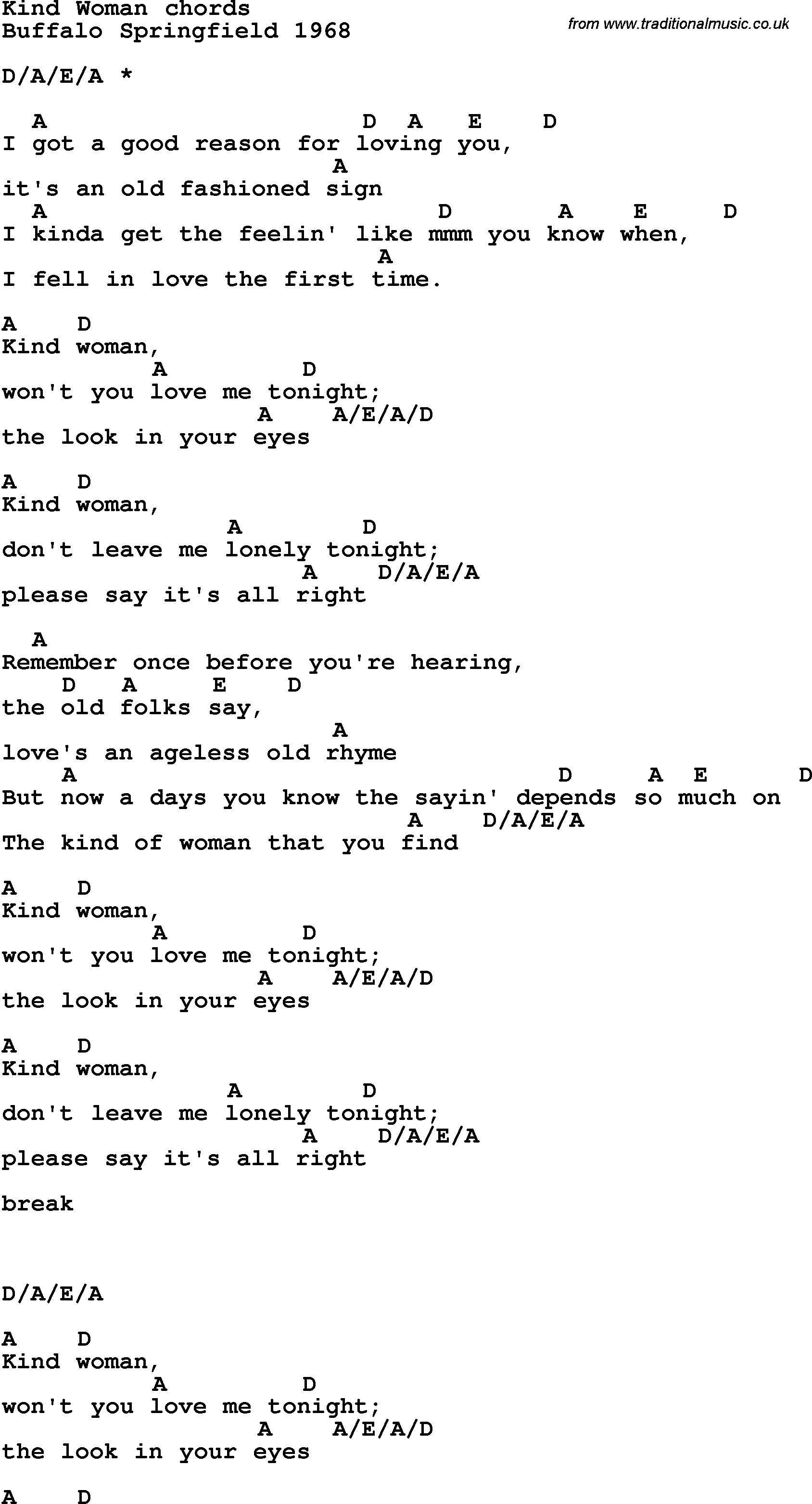 Song Lyrics with guitar chords for Kind Woman