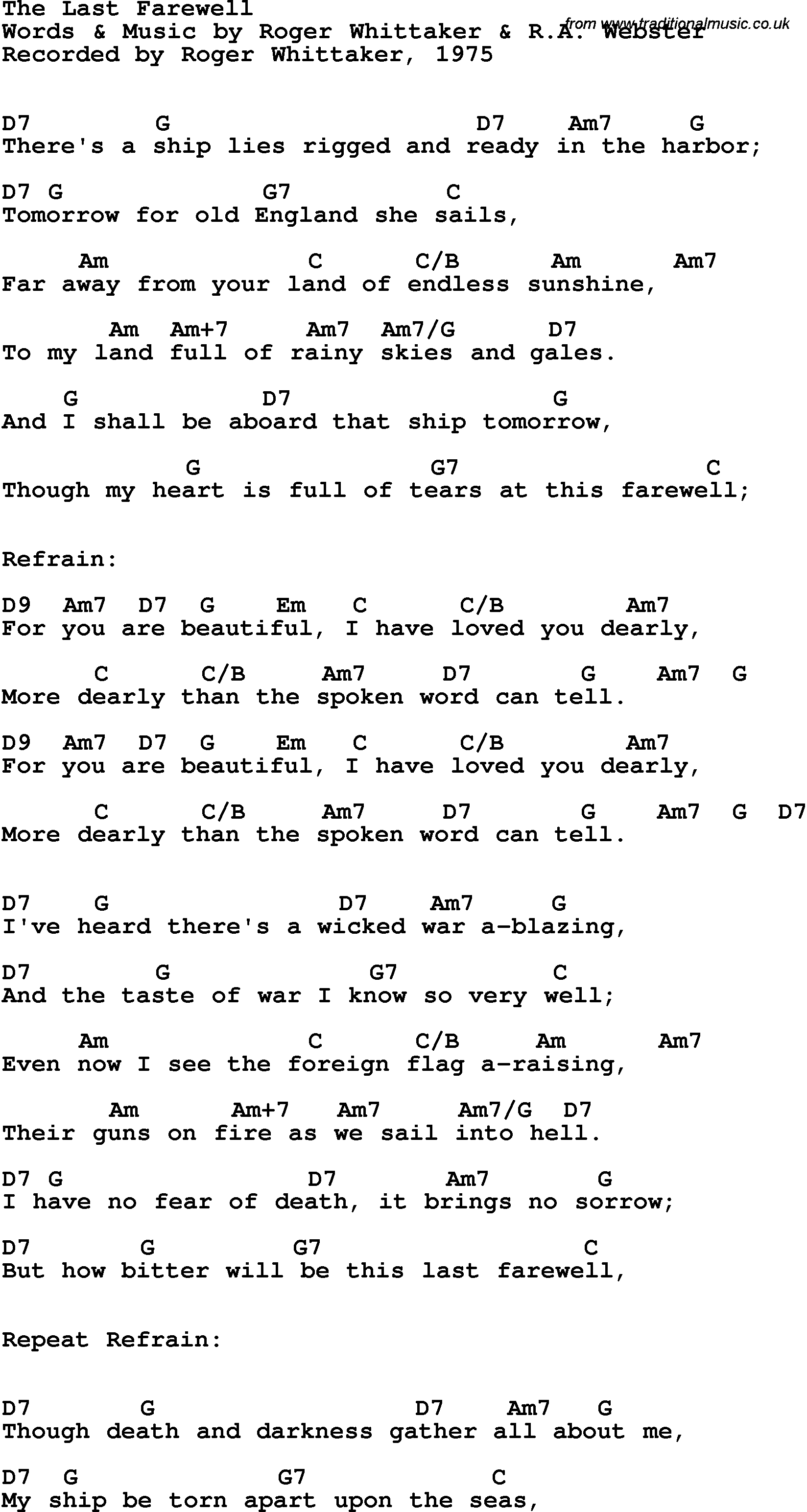 Song Lyrics with guitar chords for Last Farewell, The - Roger Whitaker, 1975