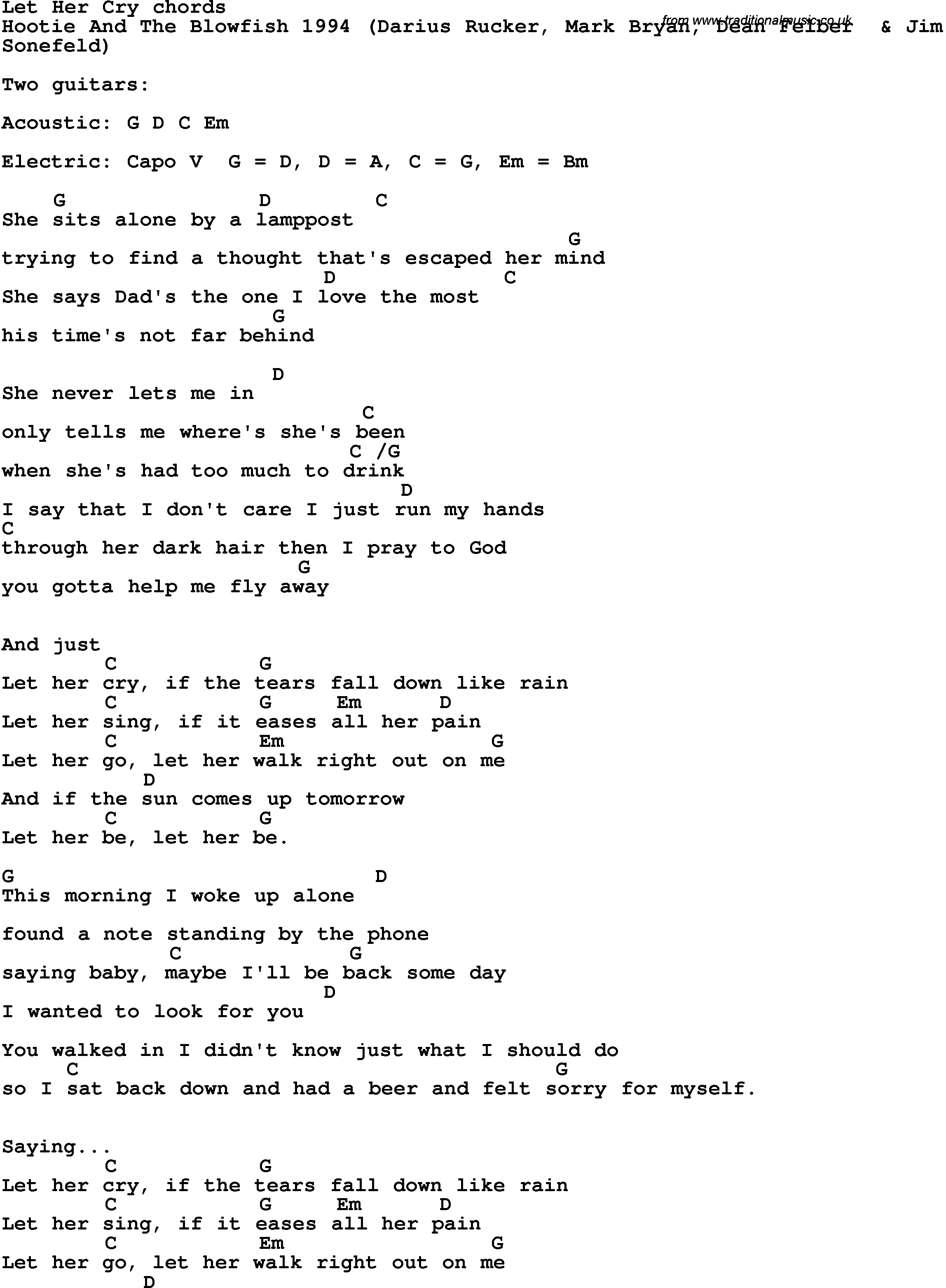 Song Lyrics with guitar chords for Let Her Cry