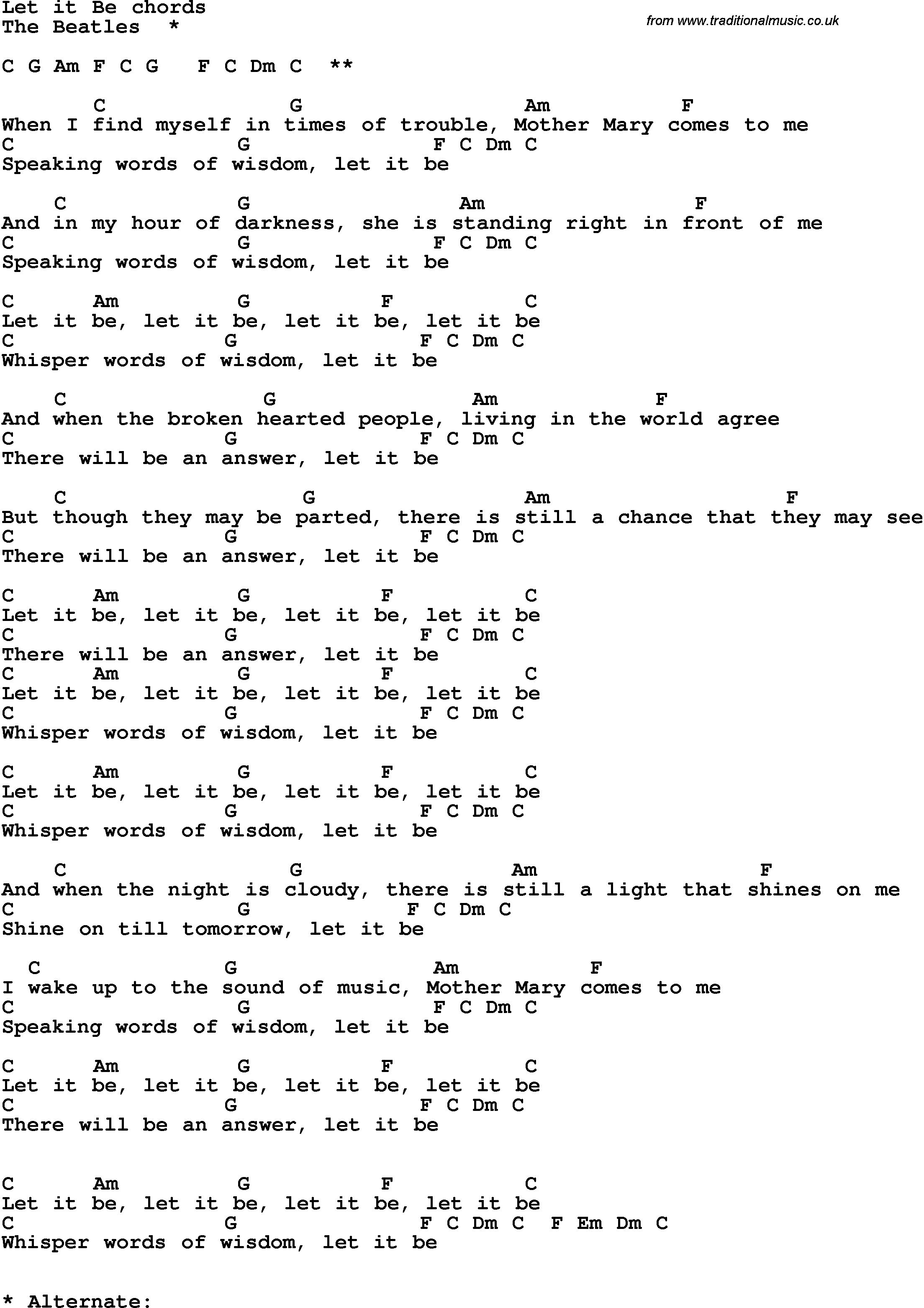 Song Lyrics with guitar chords for Let It Be - The Beatles