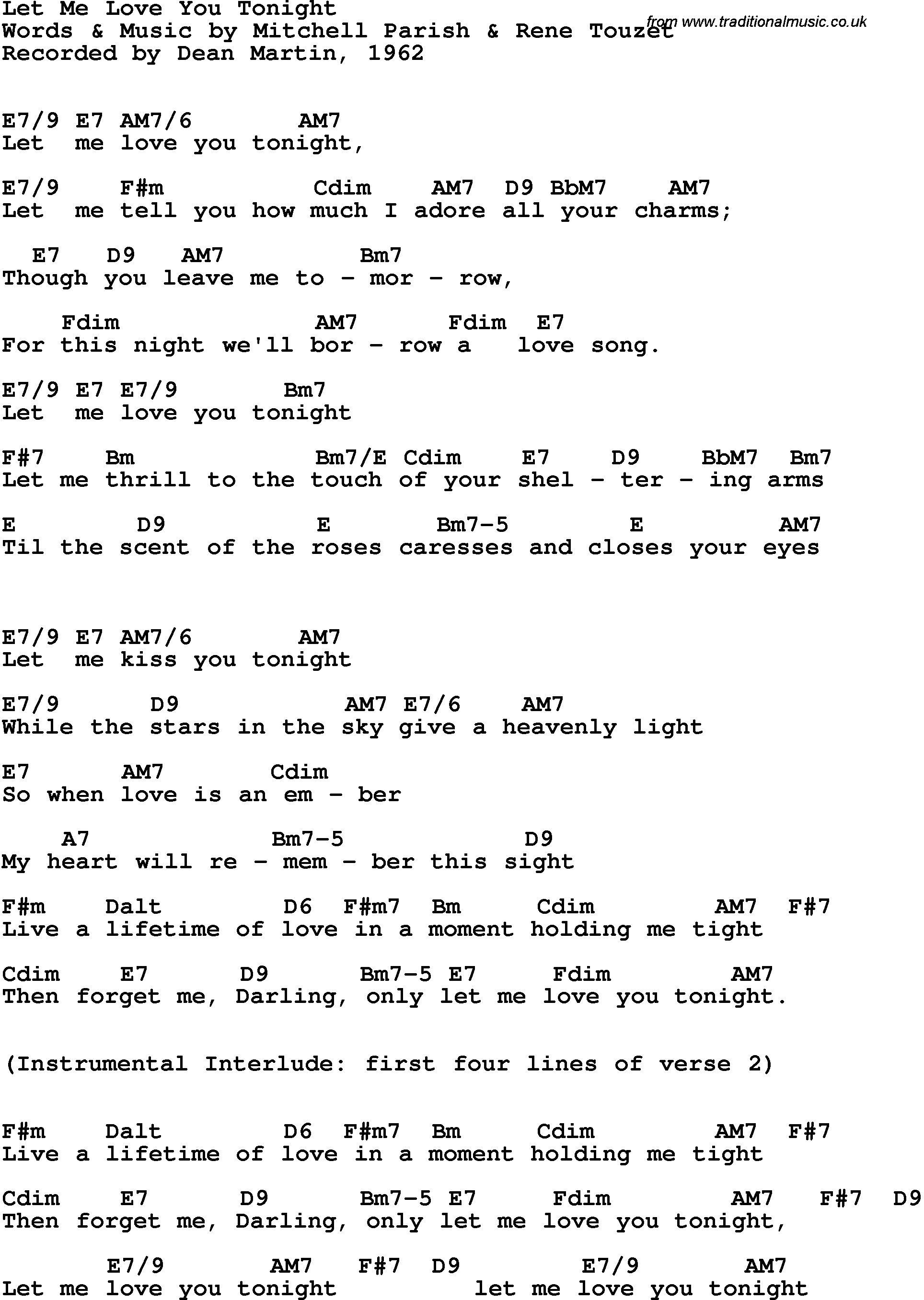 Song Lyrics with guitar chords for Let Me Love You Tonight - Dean Martin, 1962