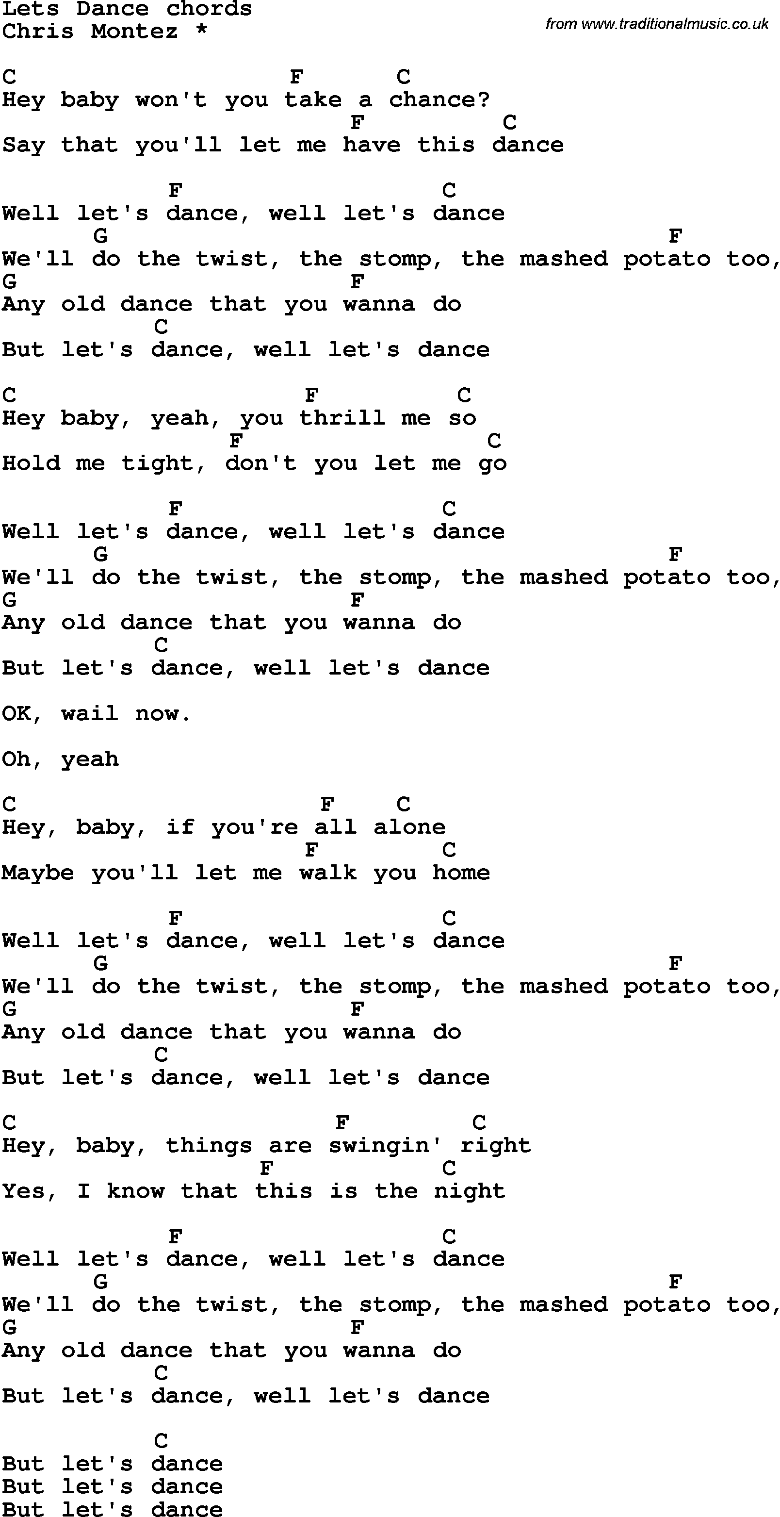 Song Lyrics with guitar chords for Let's Dance
