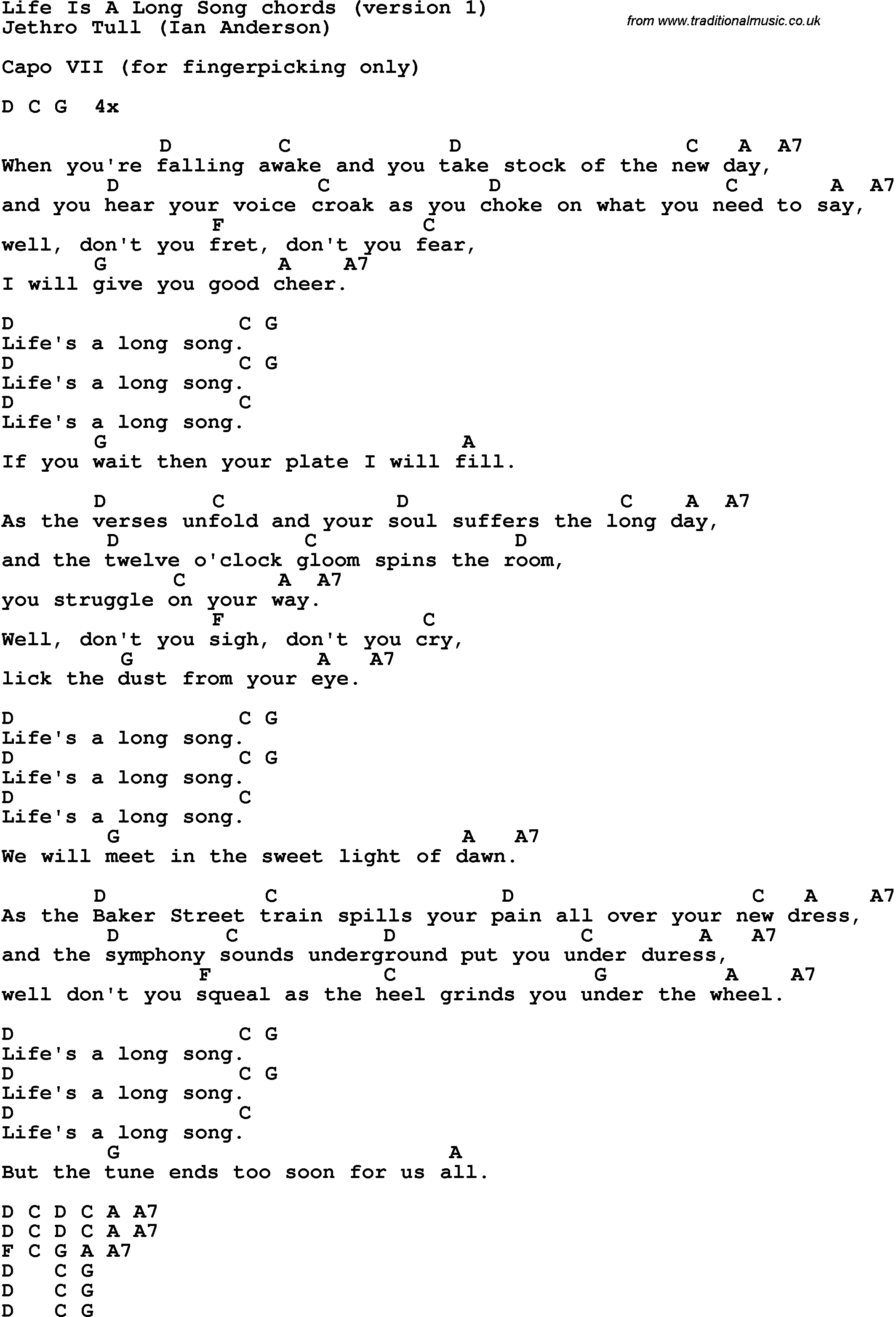 Song Lyrics with guitar chords for Life Is A Long Song
