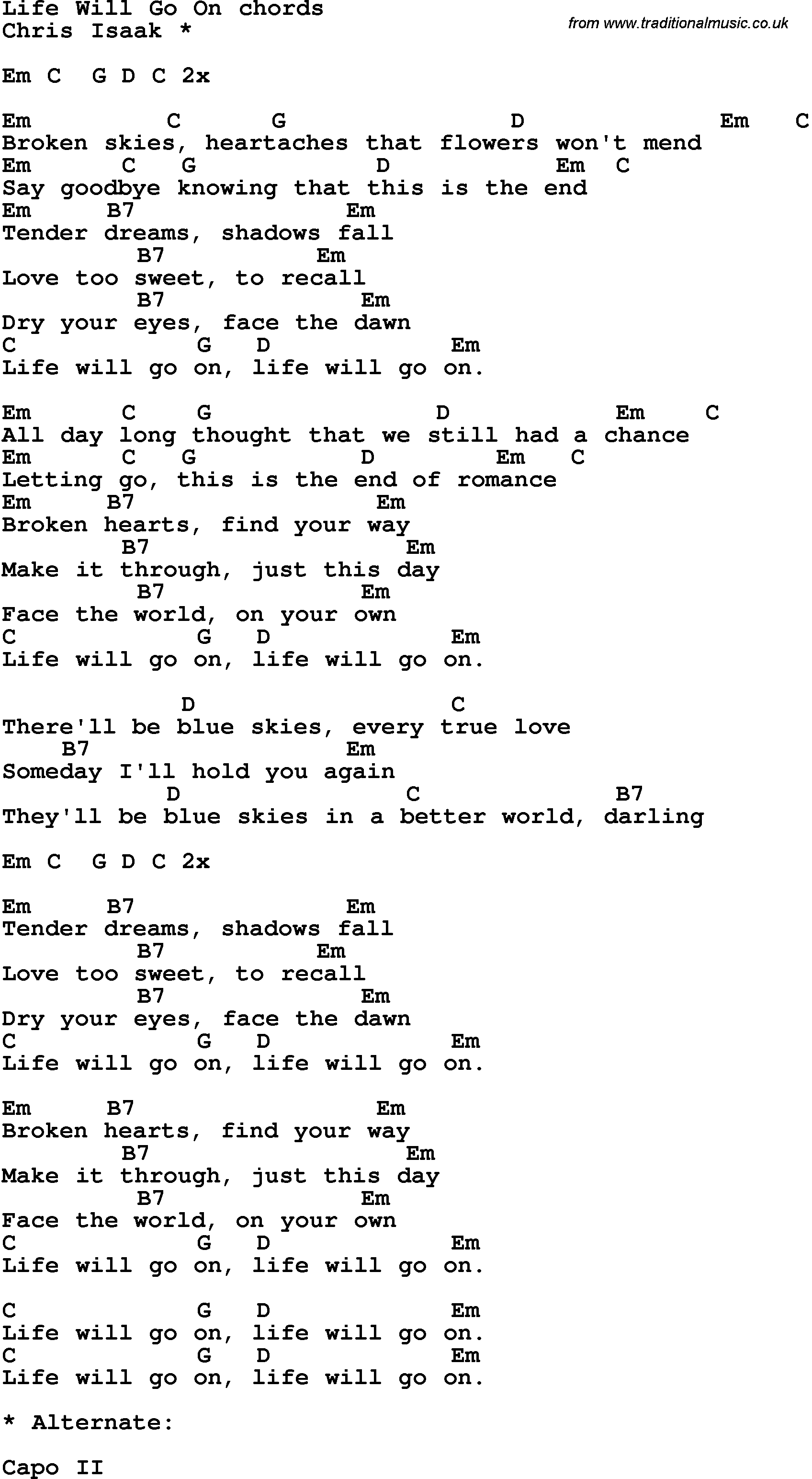Song Lyrics with guitar chords for Life Will Go On