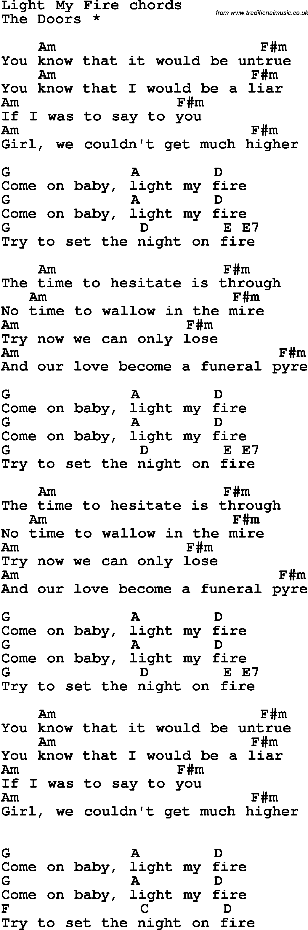 Song Lyrics with guitar chords for Light My Fire