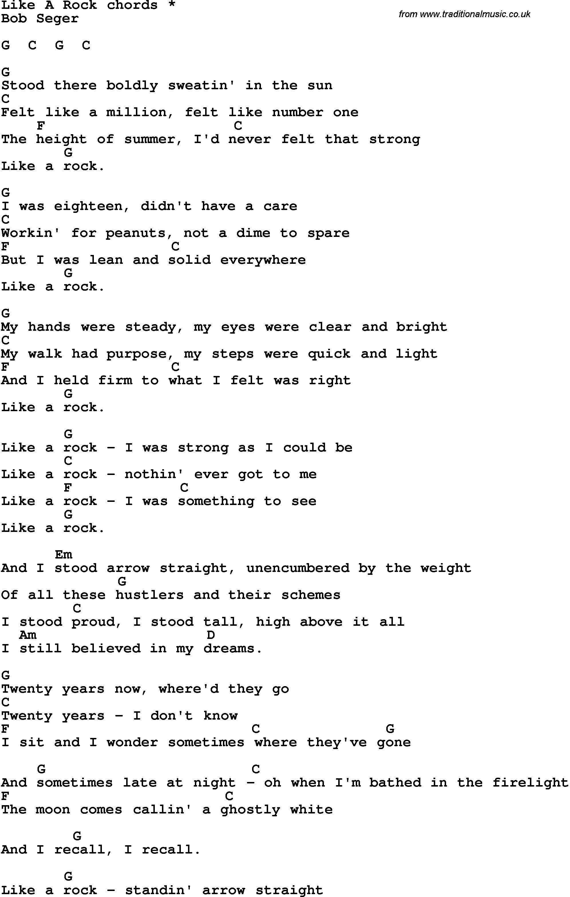 Song Lyrics with guitar chords for Like A Rock