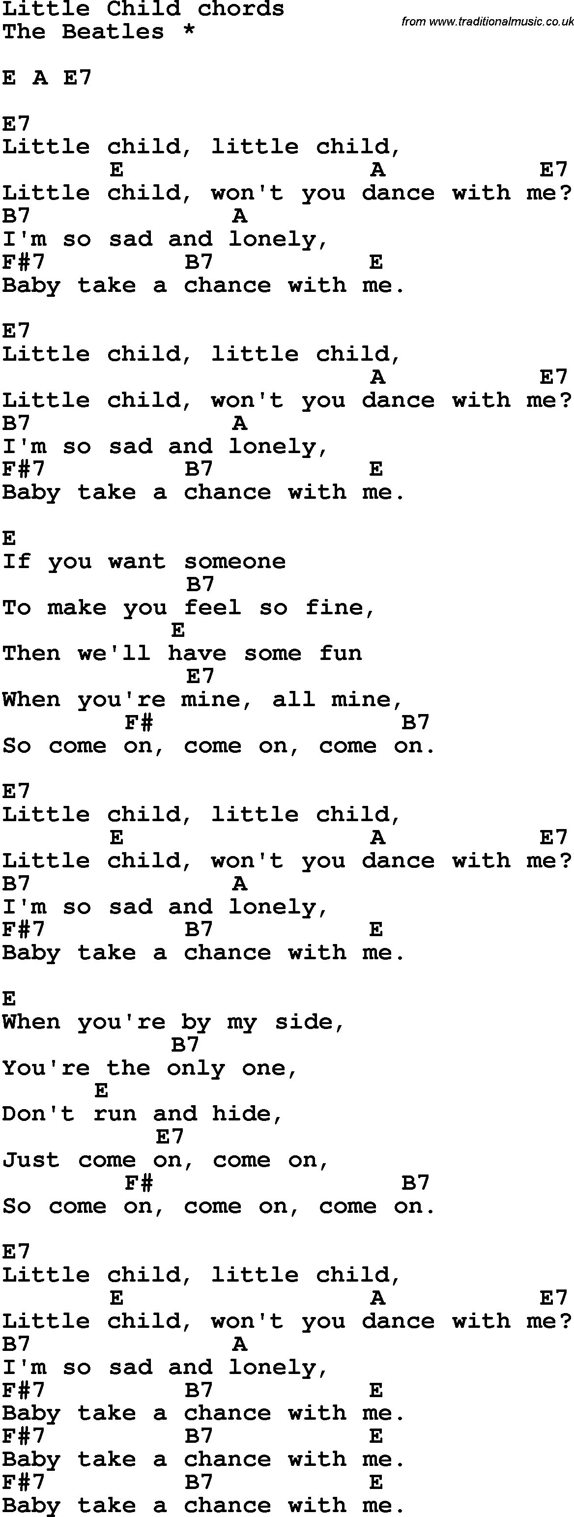 Song Lyrics with guitar chords for Little Child - The Beatles