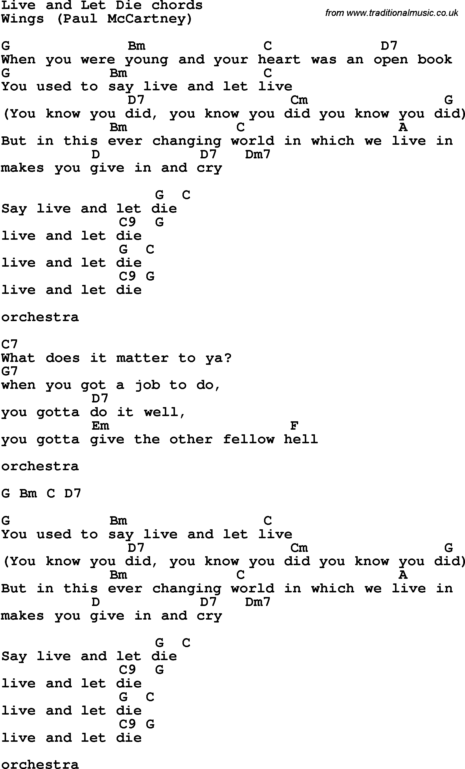 Song Lyrics with guitar chords for Liveand Let Die