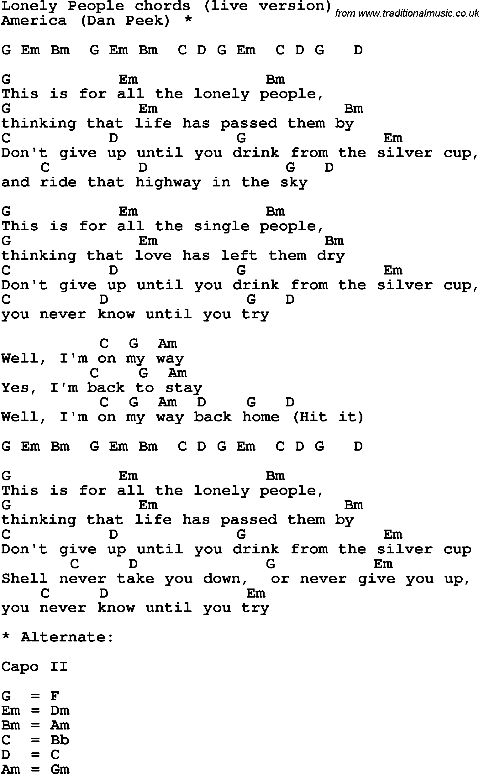 Song Lyrics with guitar chords for Lonely People