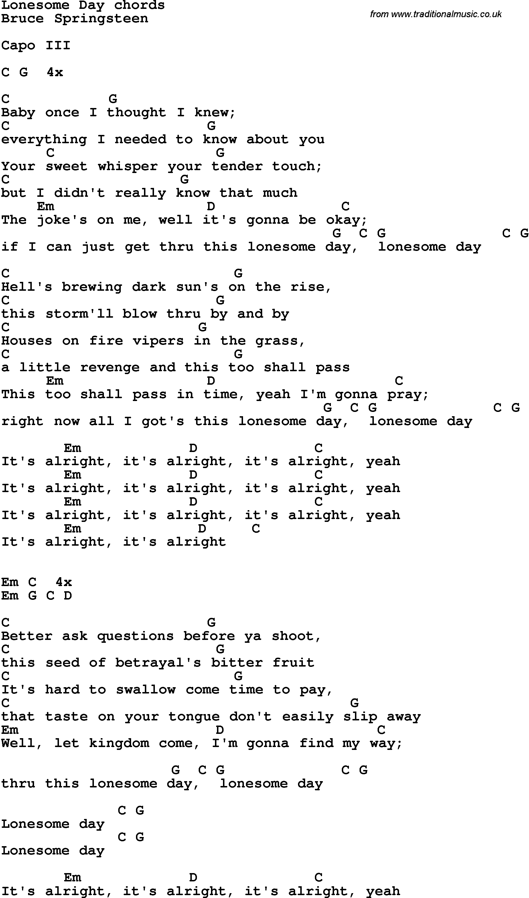 Song Lyrics with guitar chords for Lonesome Day