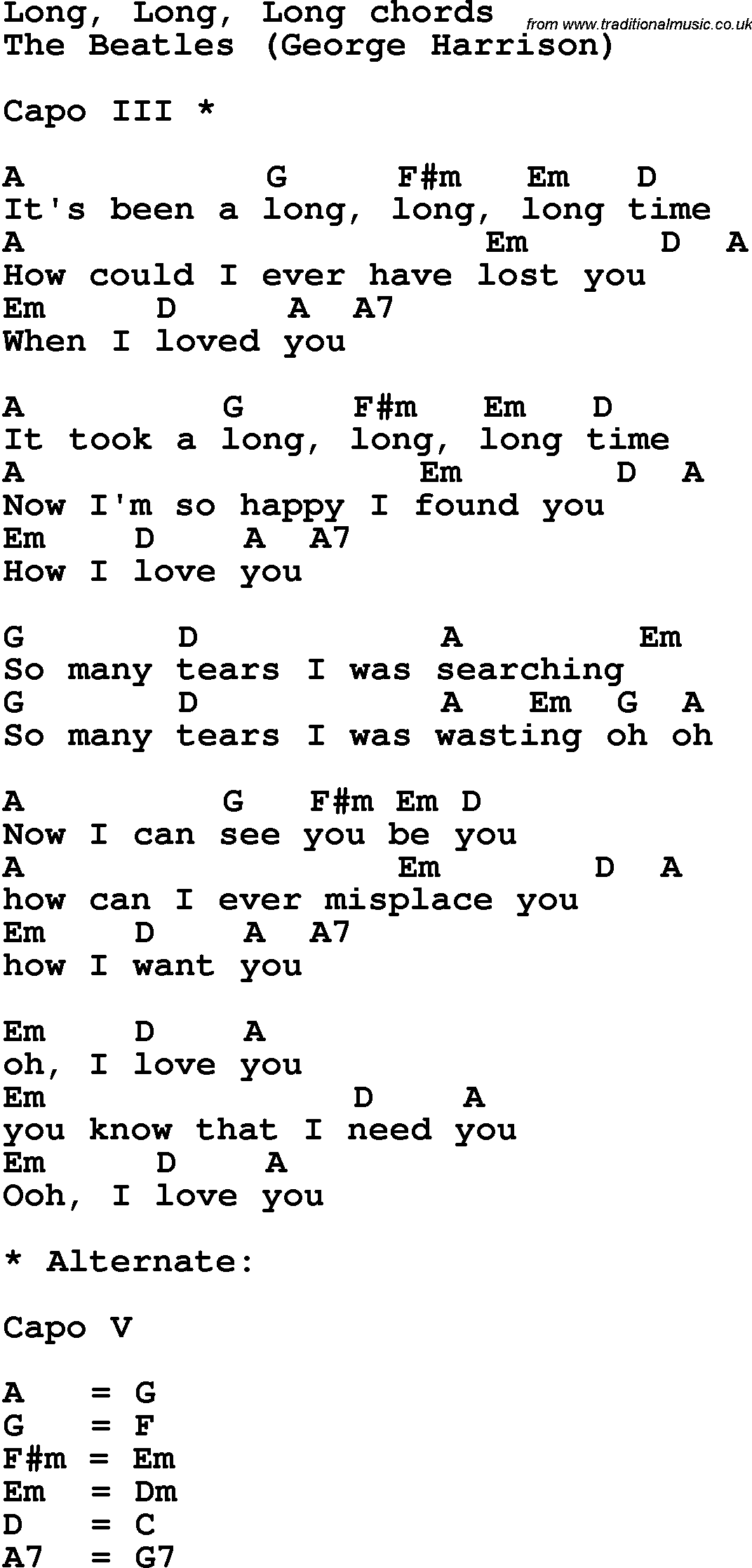 Song Lyrics with guitar chords for Long Long Long - The Beatles