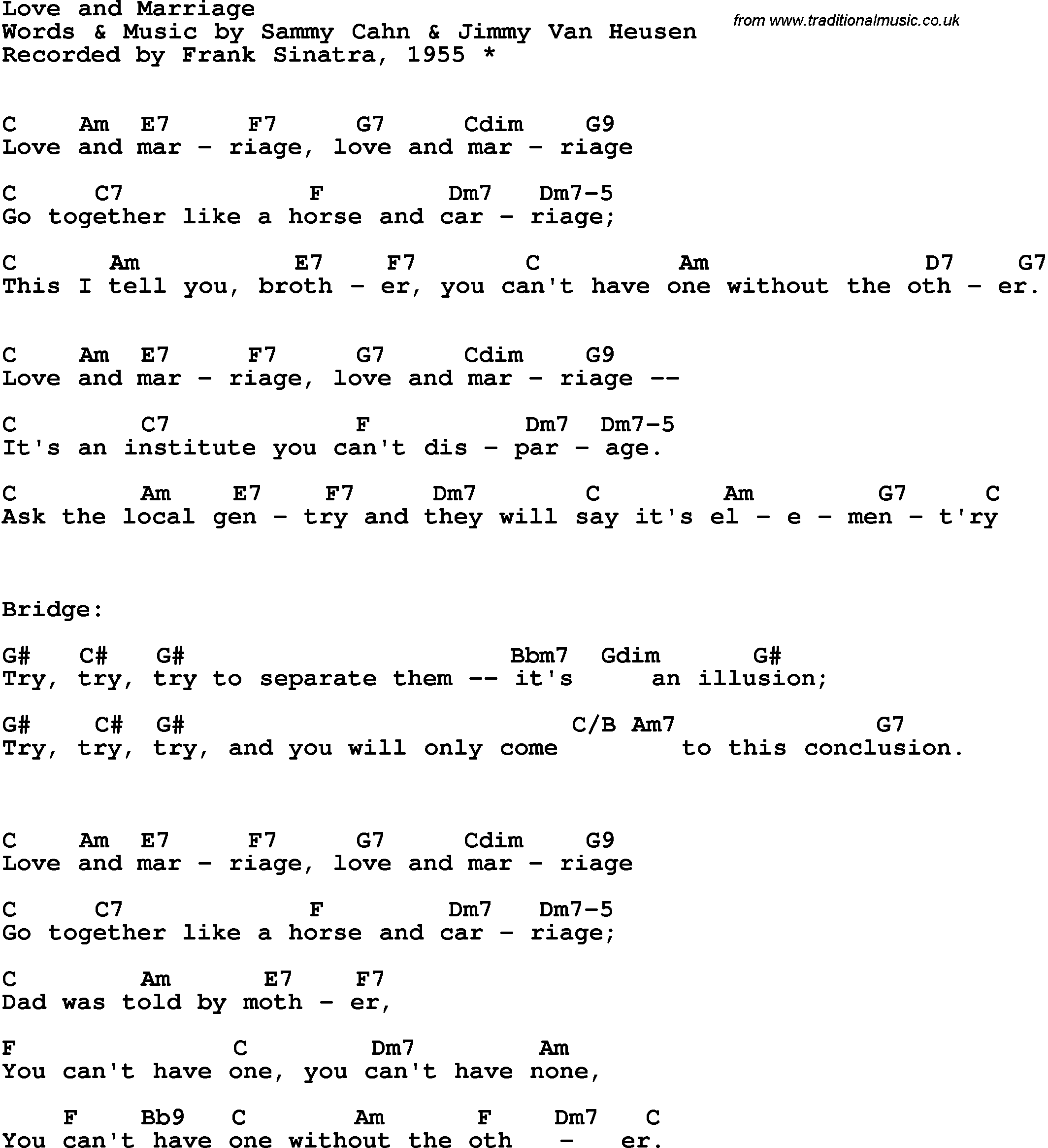 Song Lyrics with guitar chords for Love And Marriage - Frank Sinatra, 1958