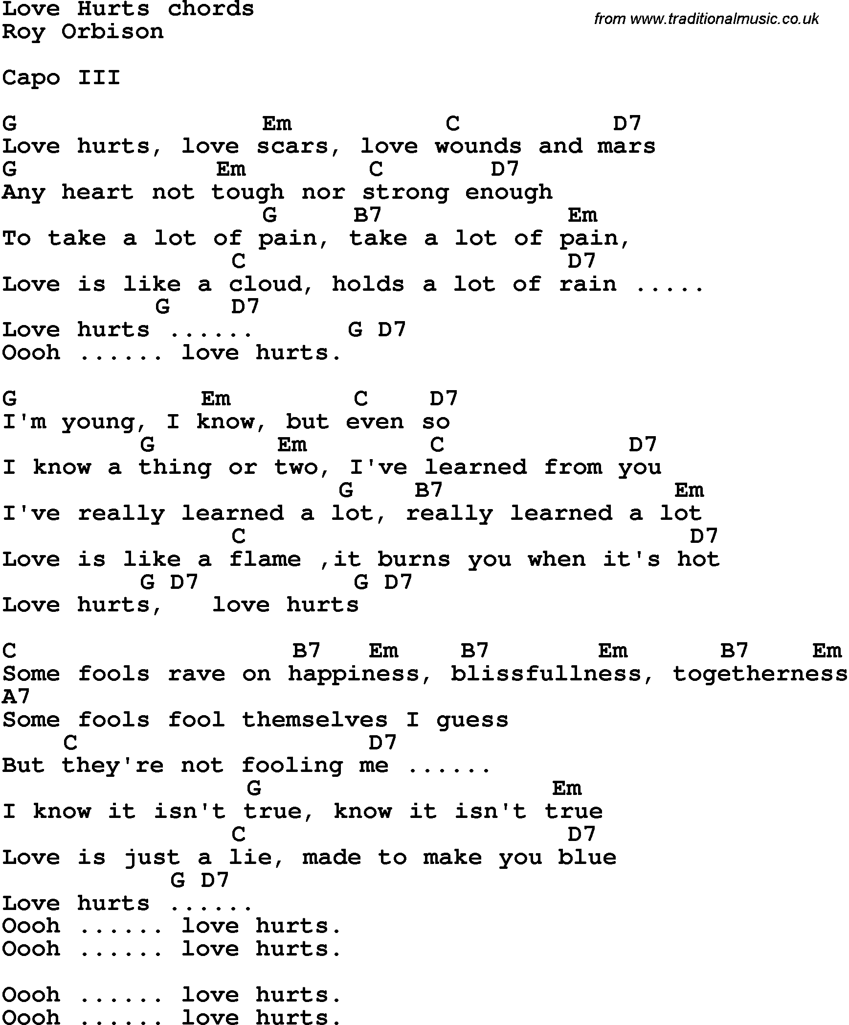 Song Lyrics with guitar chords for Love Hurts - Roy Orbison