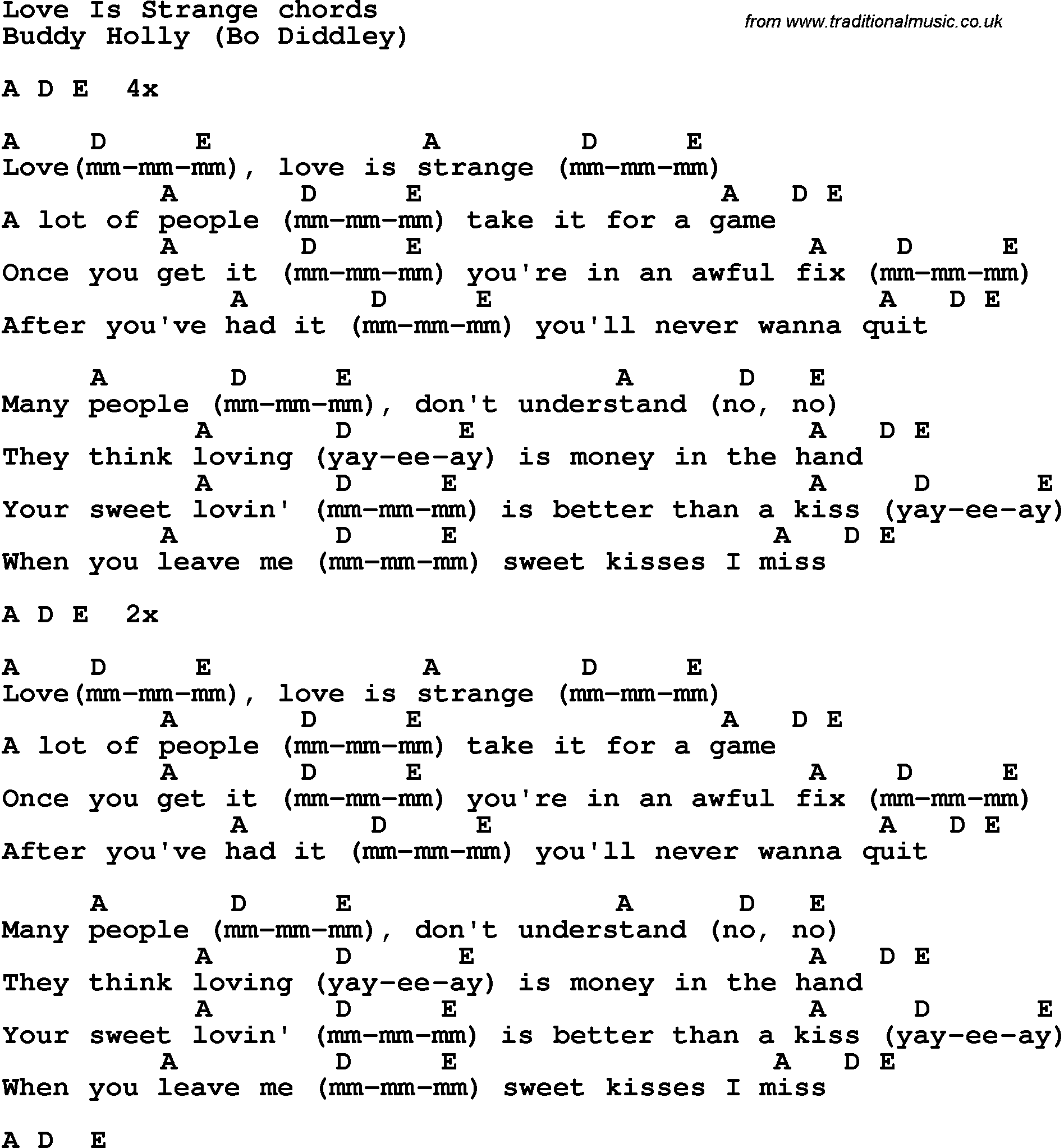 Song Lyrics with guitar chords for Love Is Strange - Buddy Holly