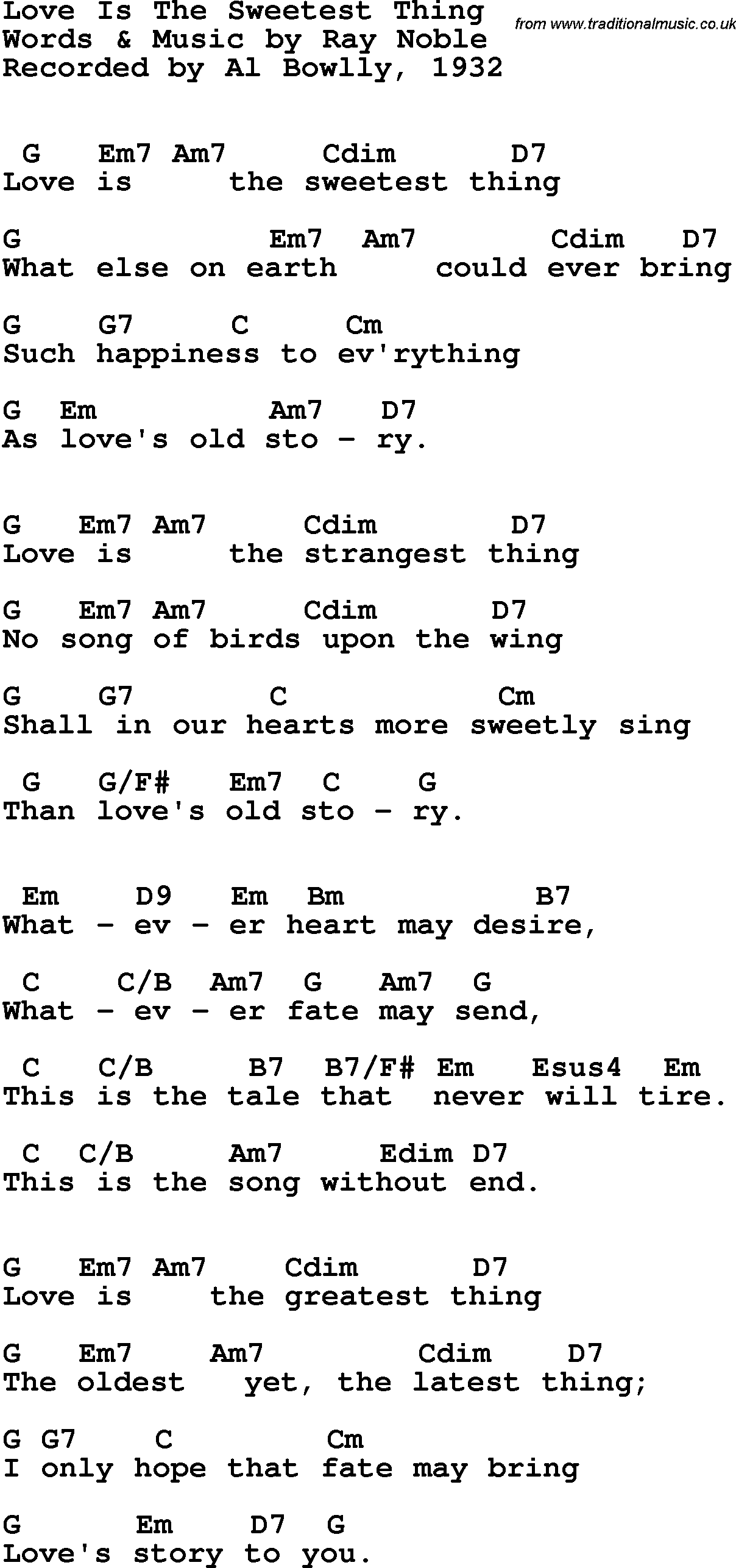 Song Lyrics with guitar chords for Love Is The Sweetest Thing - Al Bowlly, 1932