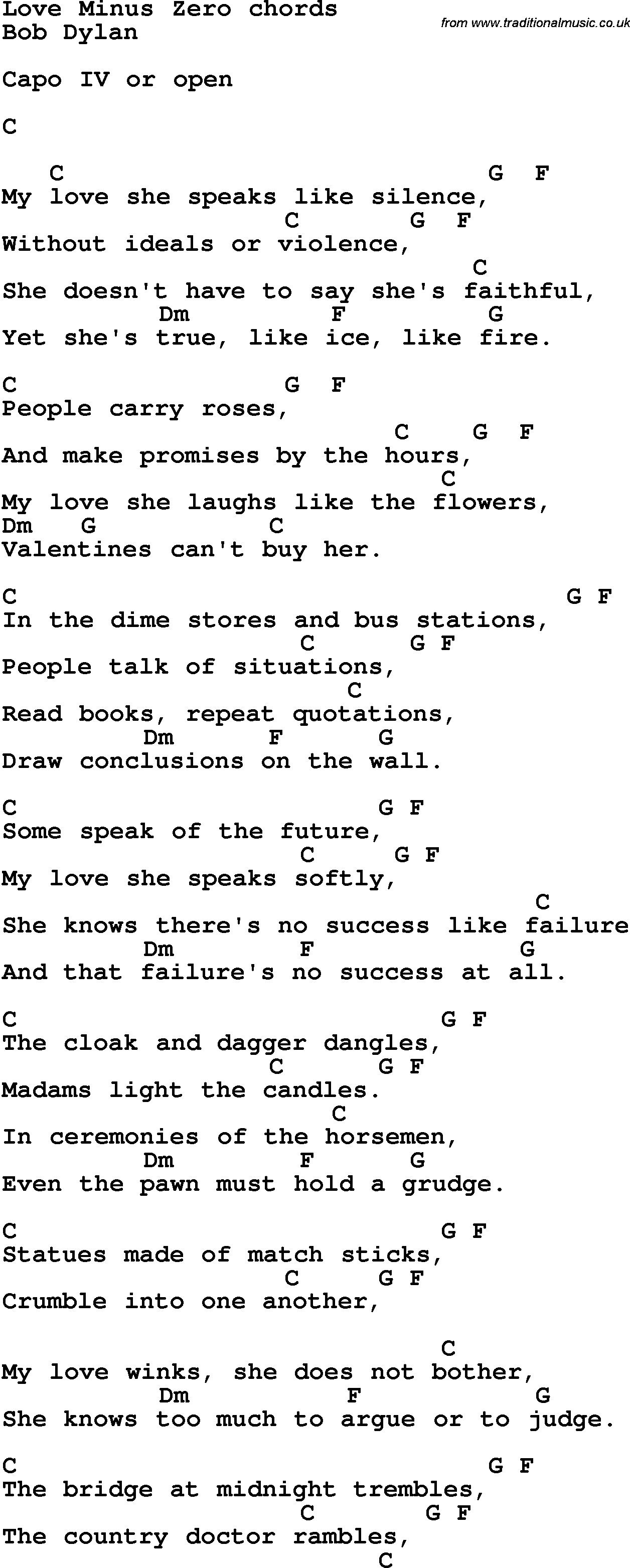 Song Lyrics with guitar chords for Love Minus Zero