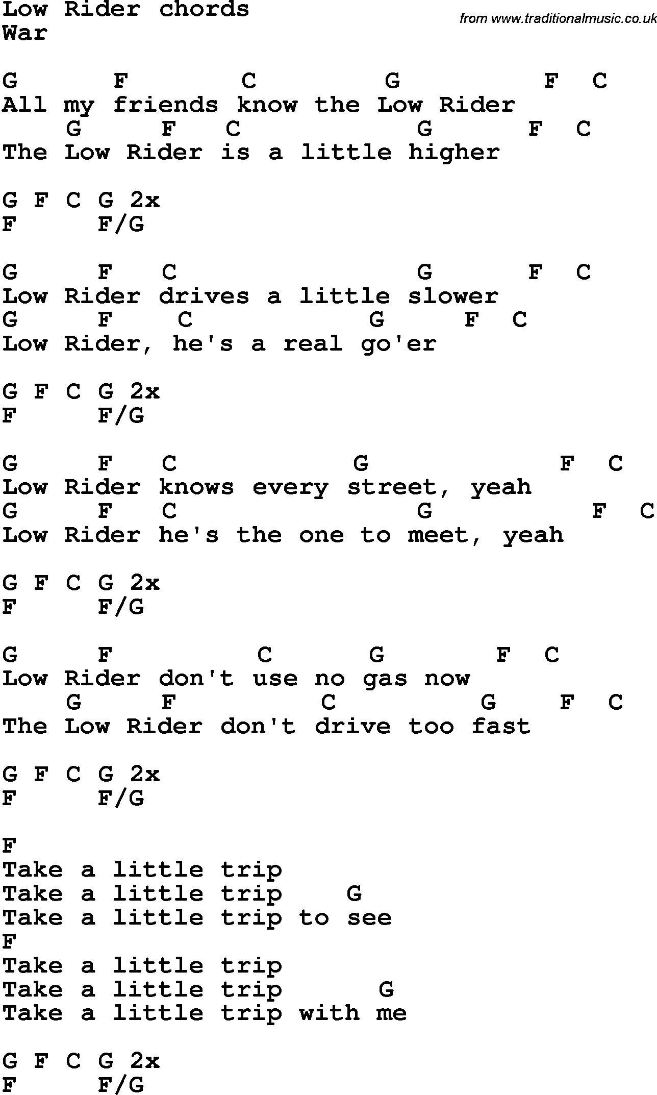 Song Lyrics with guitar chords for Low Rider