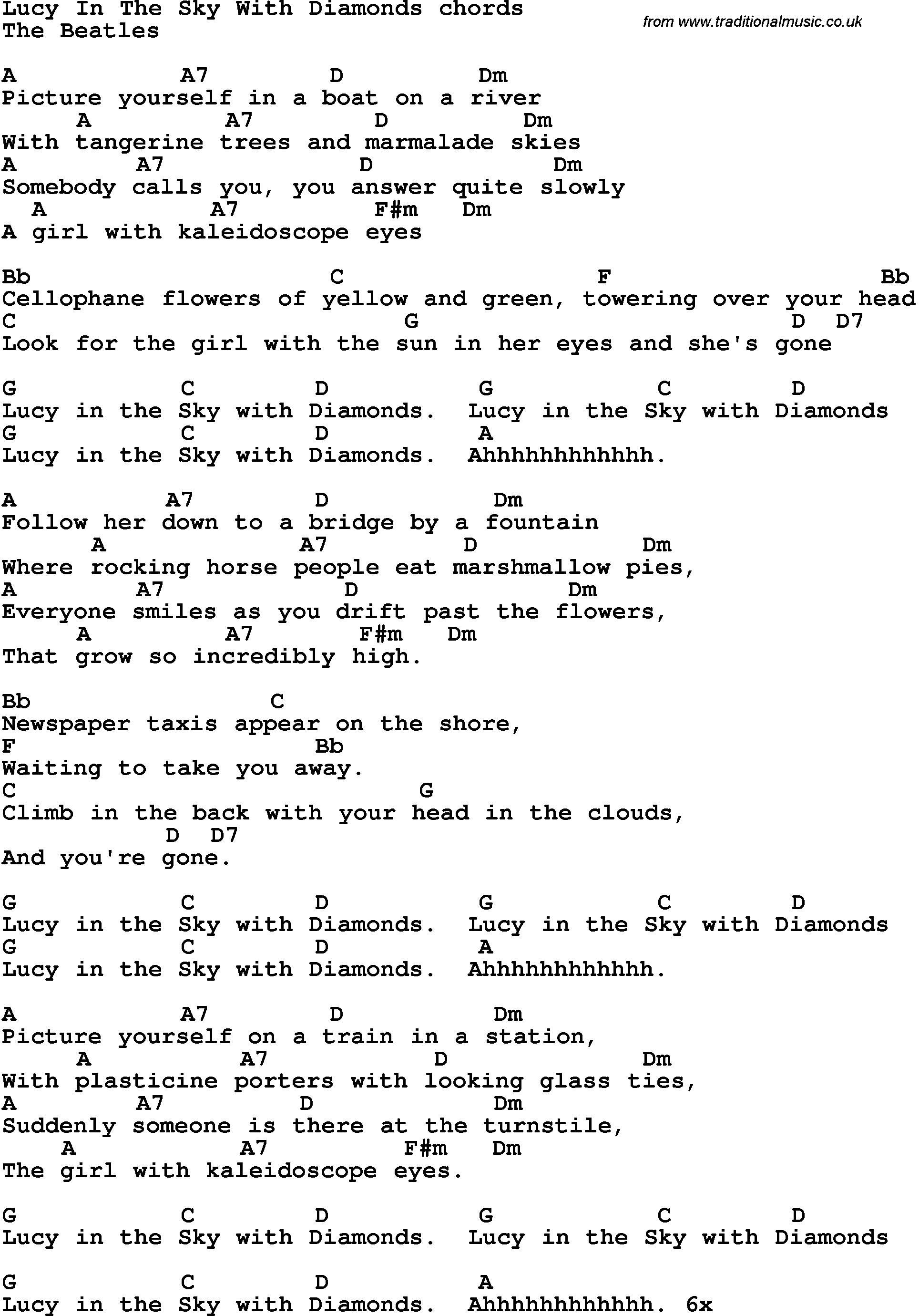 Song Lyrics with guitar chords for Lucy In The Sky With Diamonds