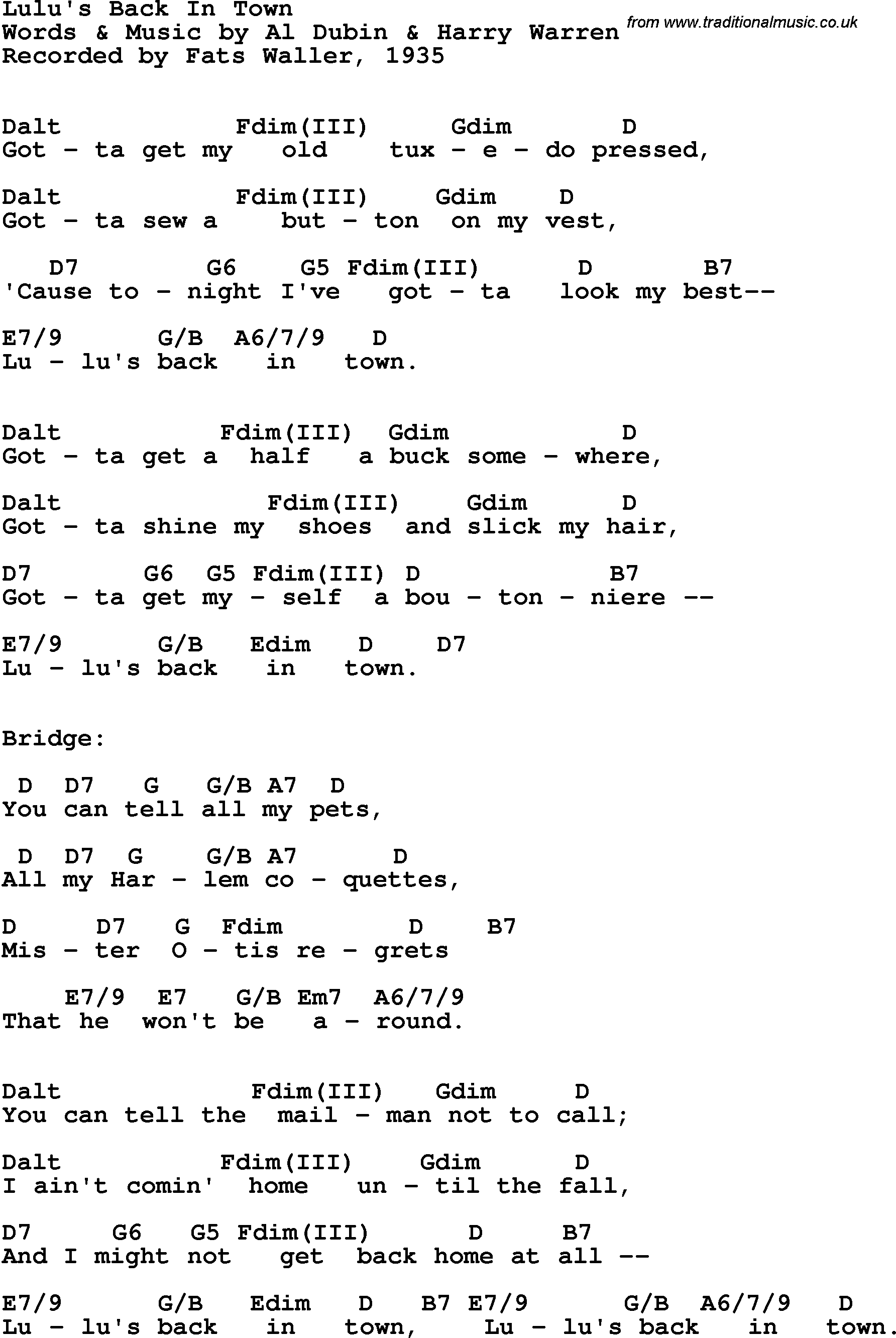 Song Lyrics with guitar chords for Lulu's Back In Town - Fats Waller, 1935