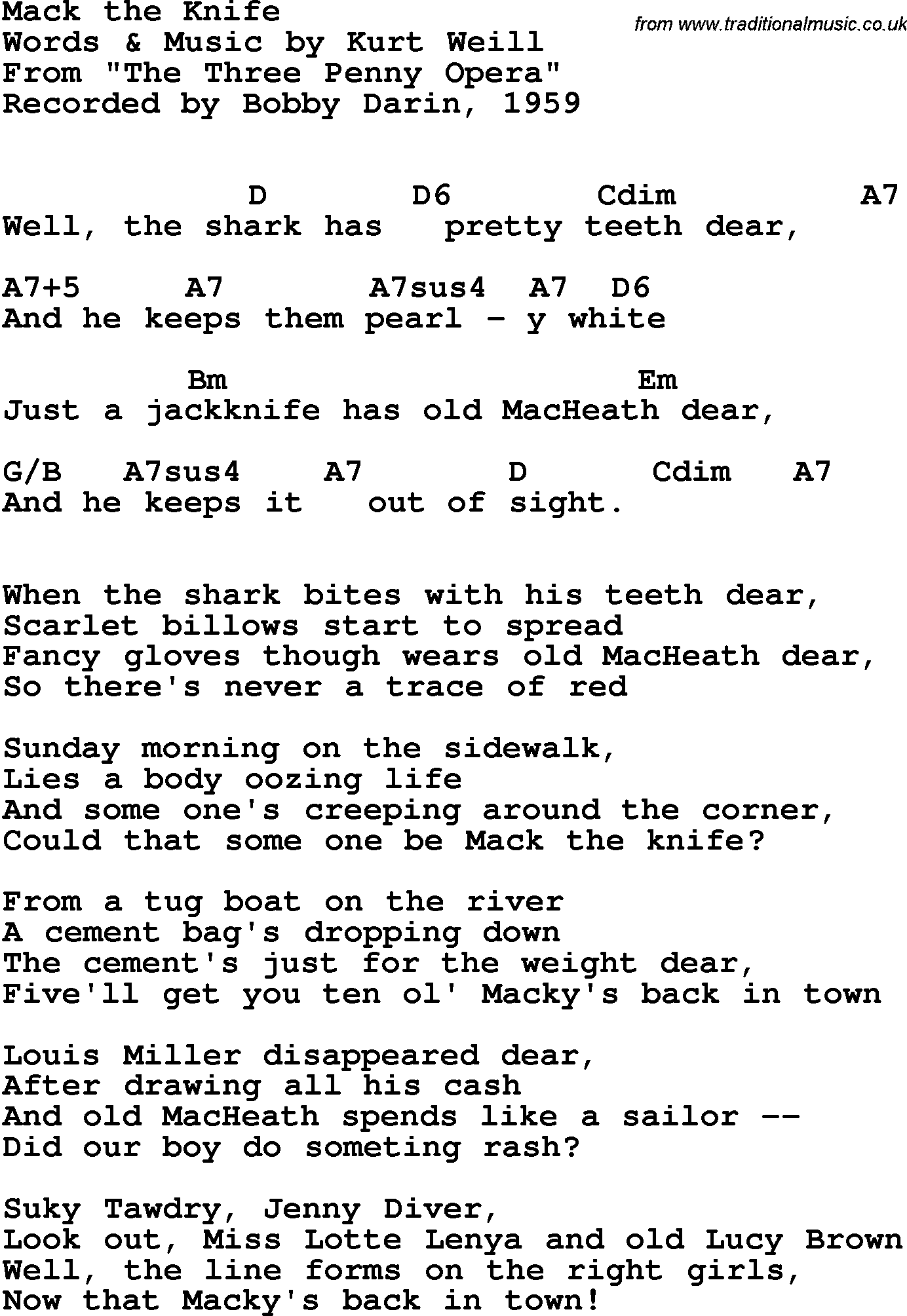 Song Lyrics with guitar chords for Mack The Knife (Moritat) - Bobby Darin, 1959