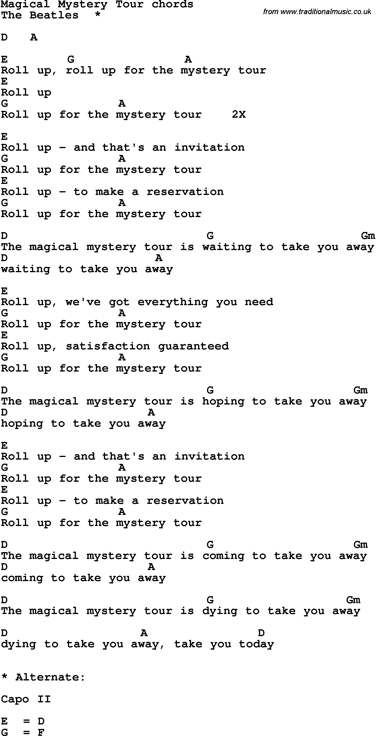 Song Lyrics with guitar chords for Magical Mystery Tour - The Beatles
