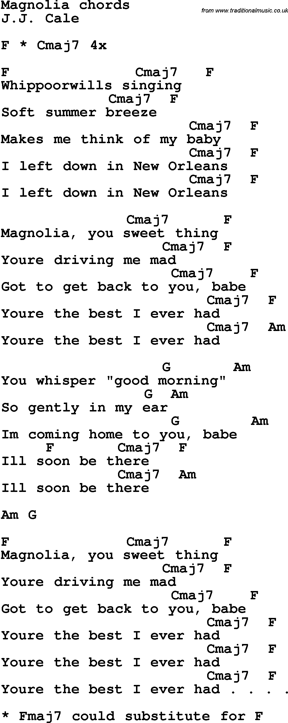 Song Lyrics with guitar chords for Magnolia