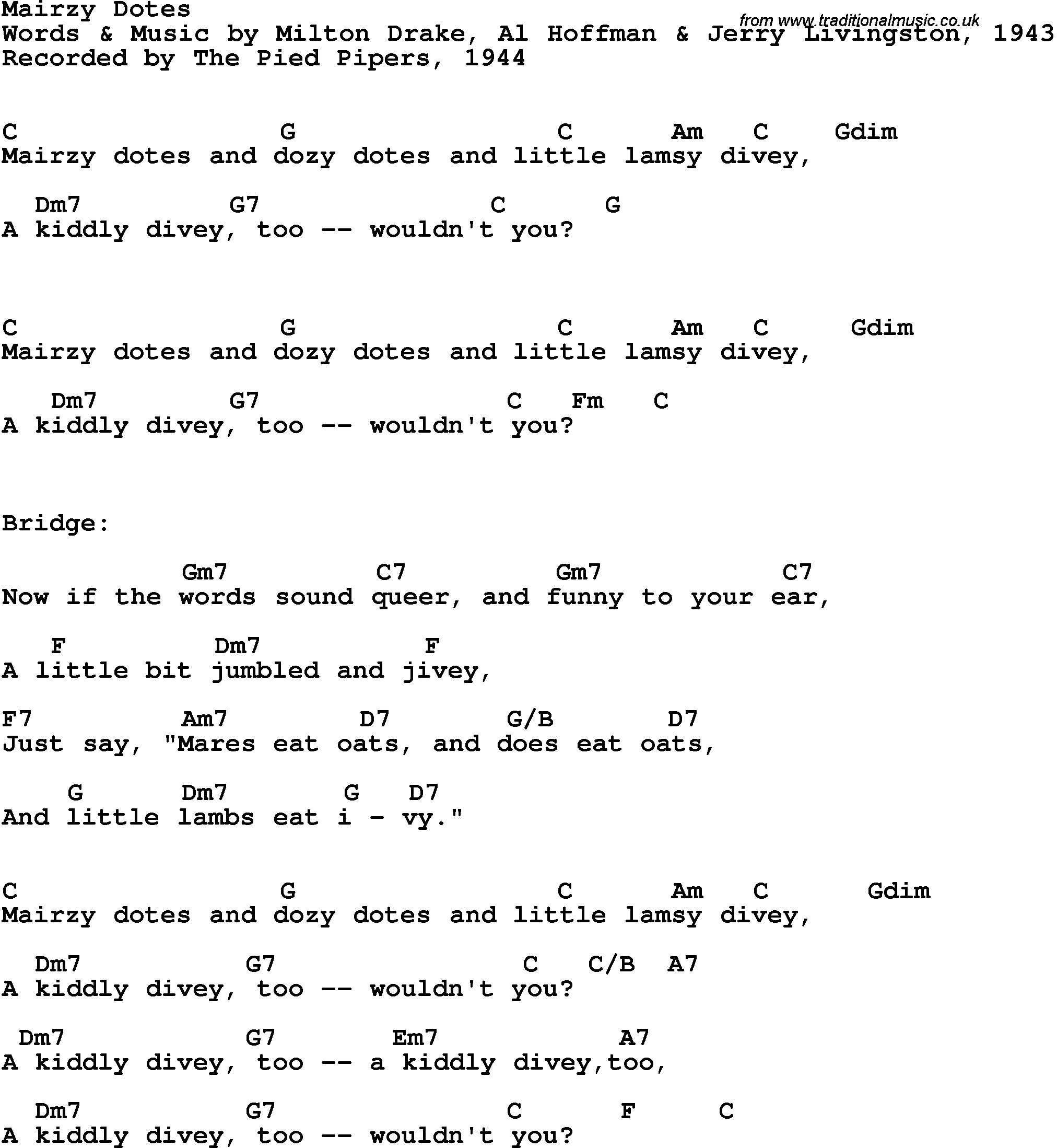 Song Lyrics with guitar chords for Mairzy Dotes - The Pied Pipers, 1944