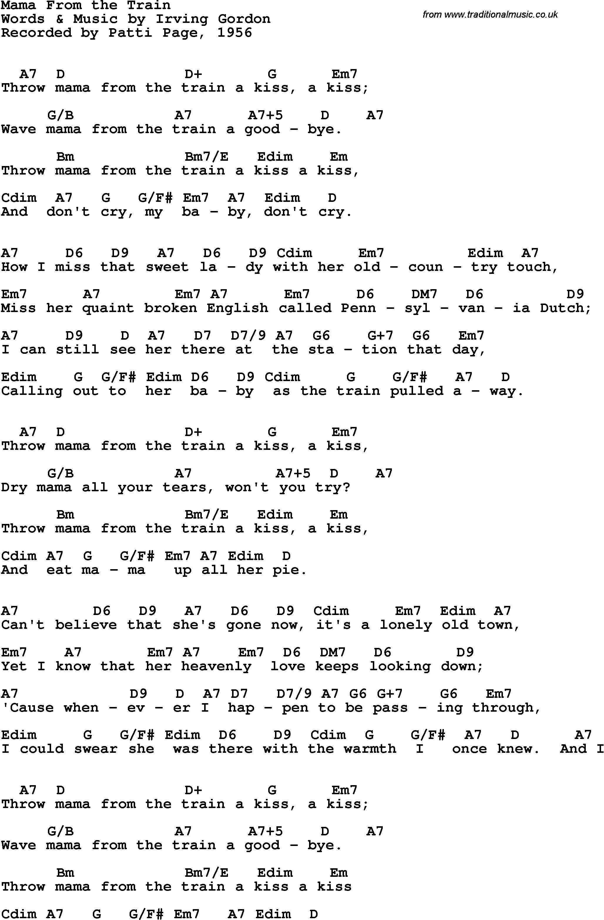 Song Lyrics with guitar chords for Mama From The Train - Patti Page, 1956