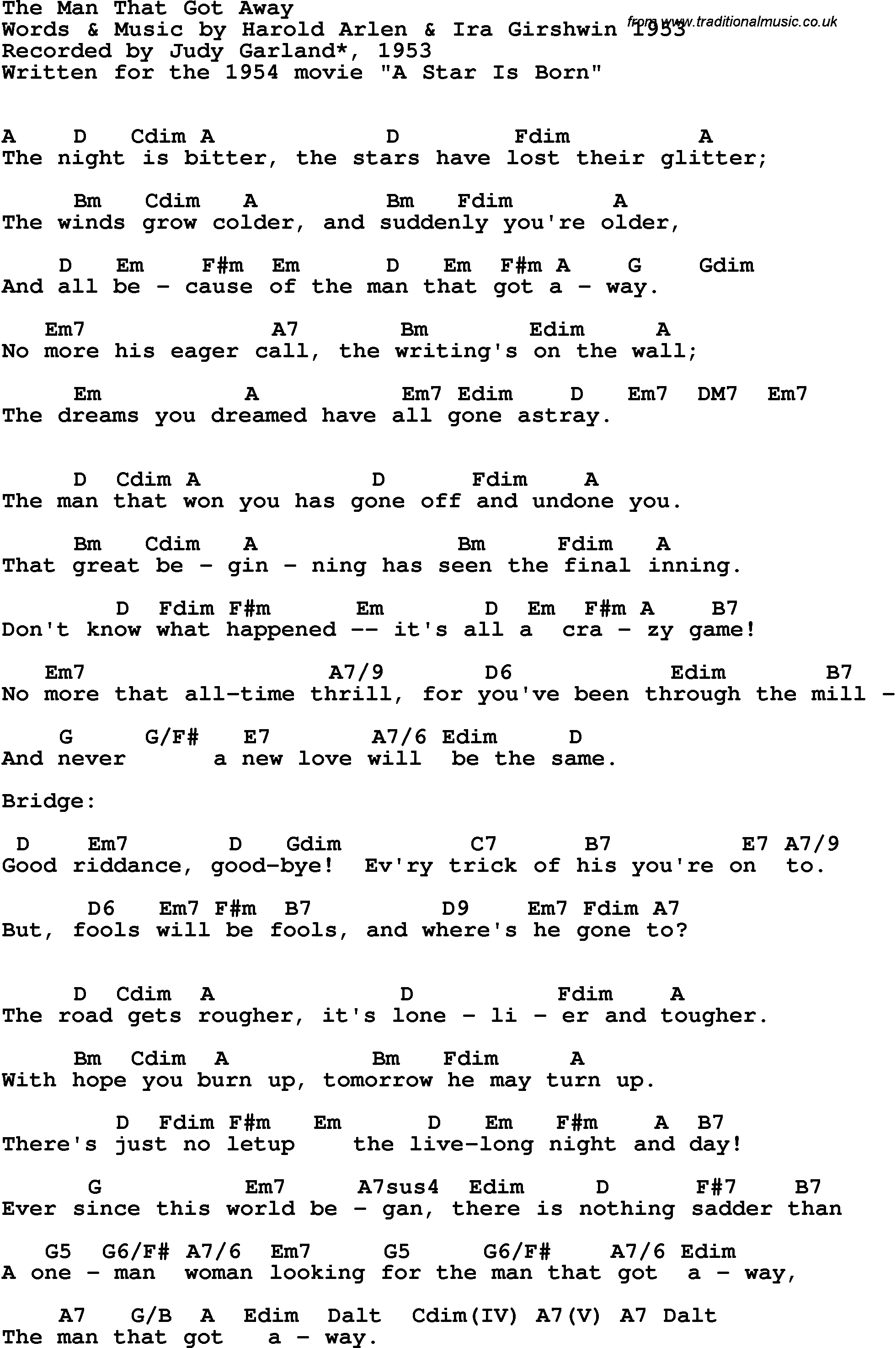 Song Lyrics with guitar chords for Man That Got Away, The - Judy Garland, 1954