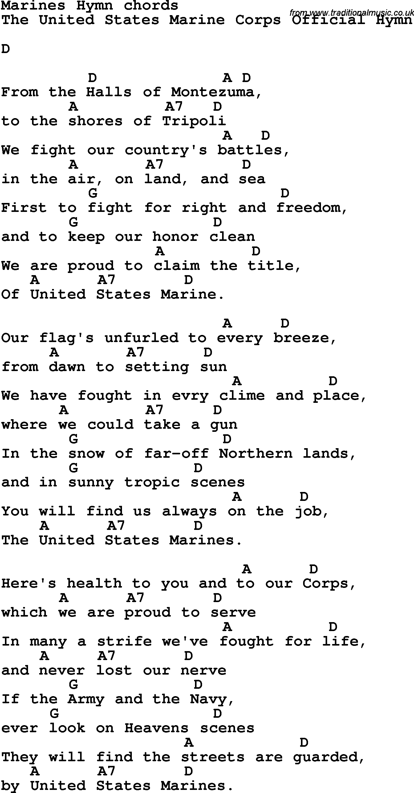 Song Lyrics with guitar chords for Marine's Hymn