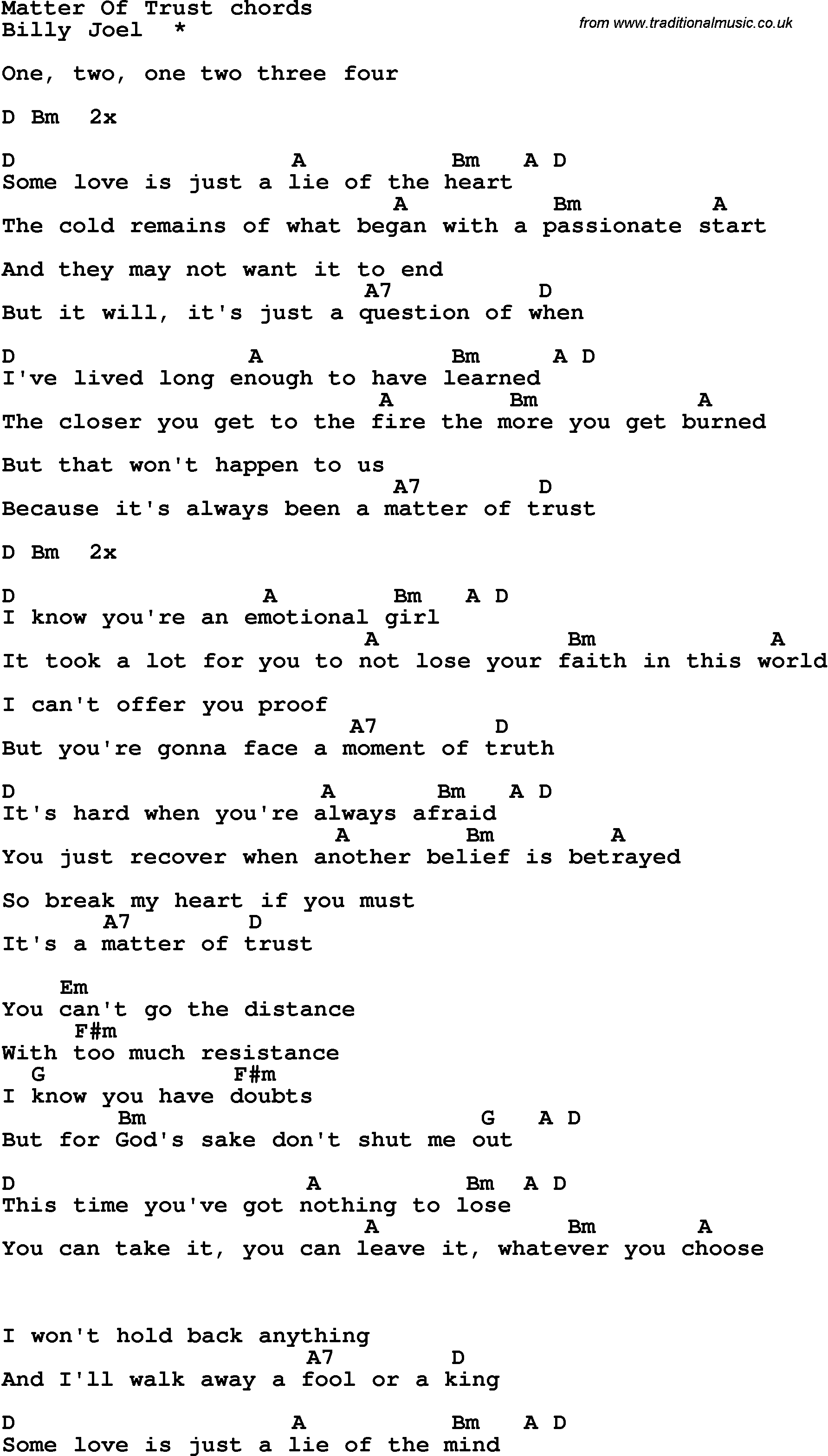 Song Lyrics with guitar chords for Matter Of Trust