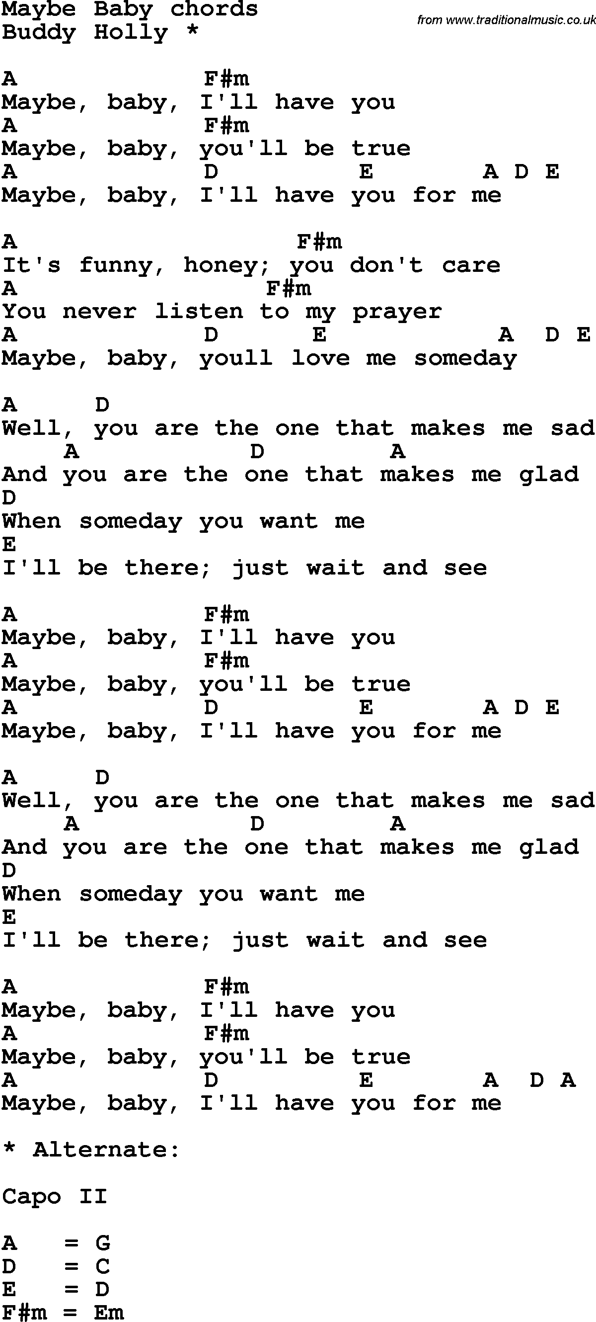 Song Lyrics with guitar chords for Maybe Baby