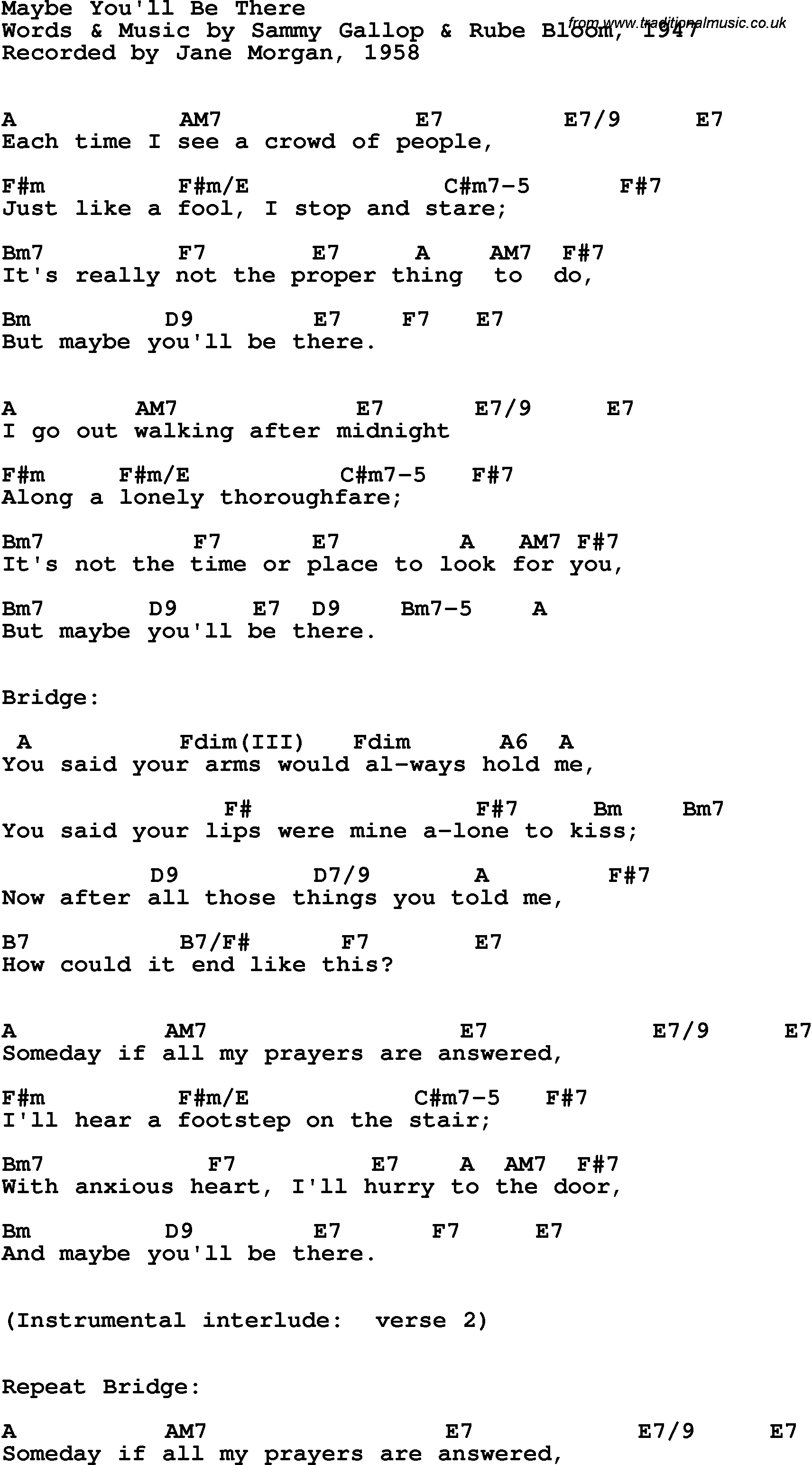 Song Lyrics with guitar chords for Maybe You'll Be There - Jane Morgan, 1958