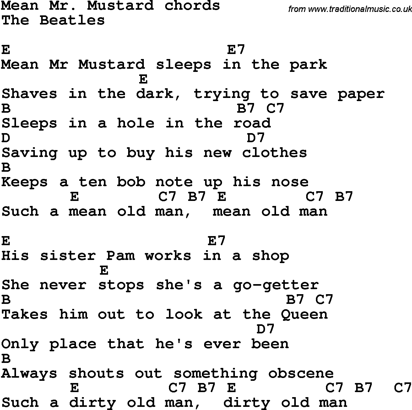 Song Lyrics with guitar chords for Mean Mr Mustard