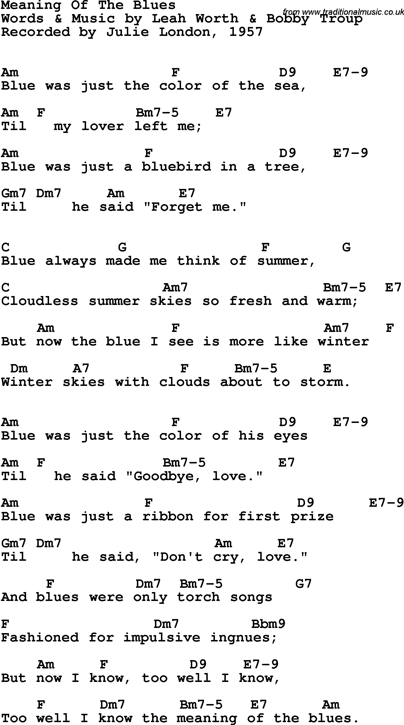 Song Lyrics with guitar chords for Meaning Of The Blues, The - Julie London, 1957
