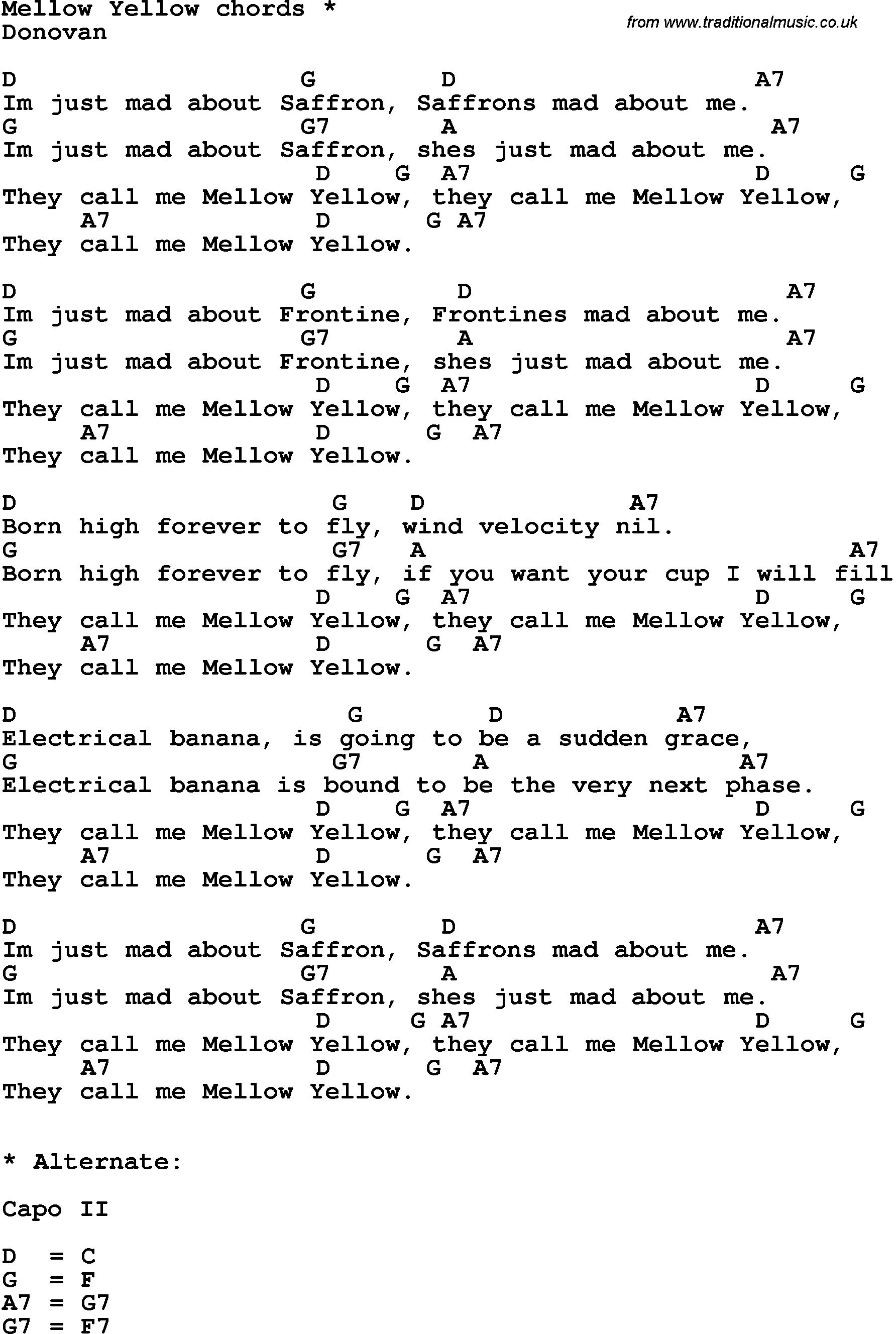 Song Lyrics with guitar chords for Mellow Yellow