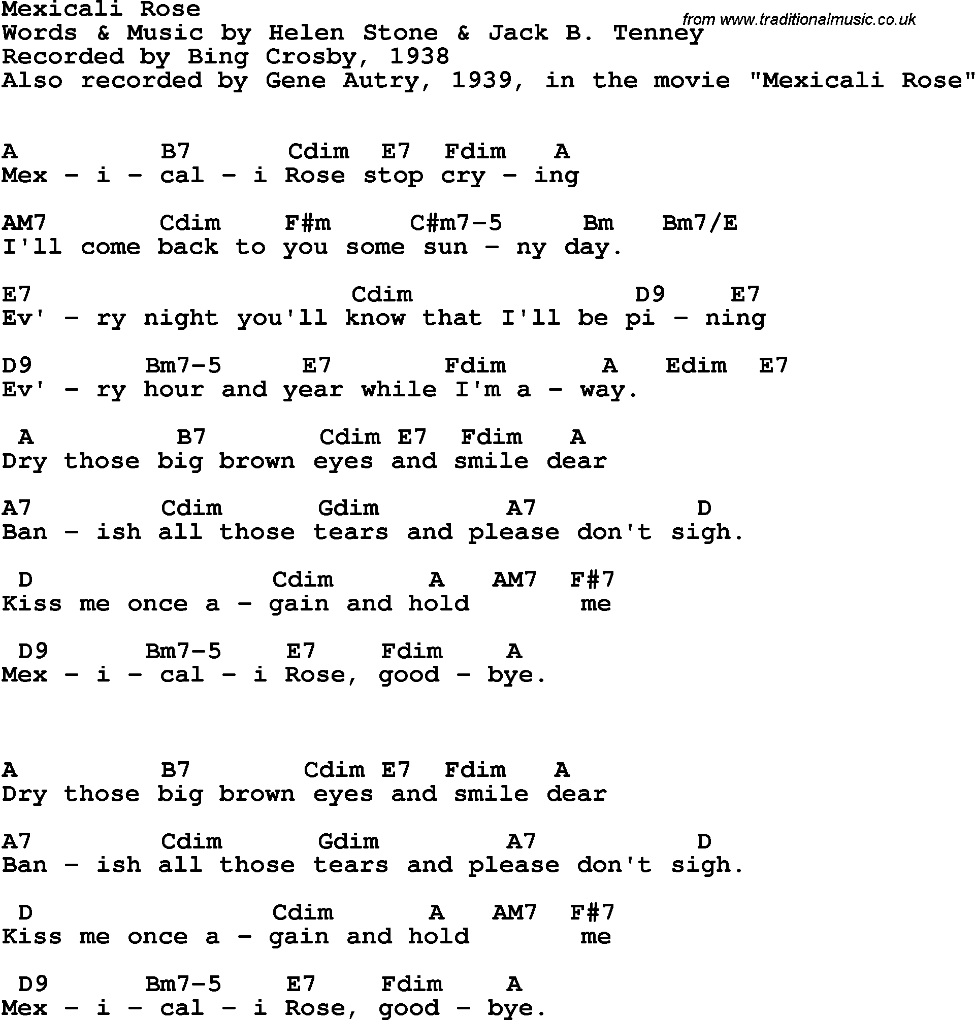Song lyrics with guitar chords for Mexicali Rose - Bing Crosby, 1938