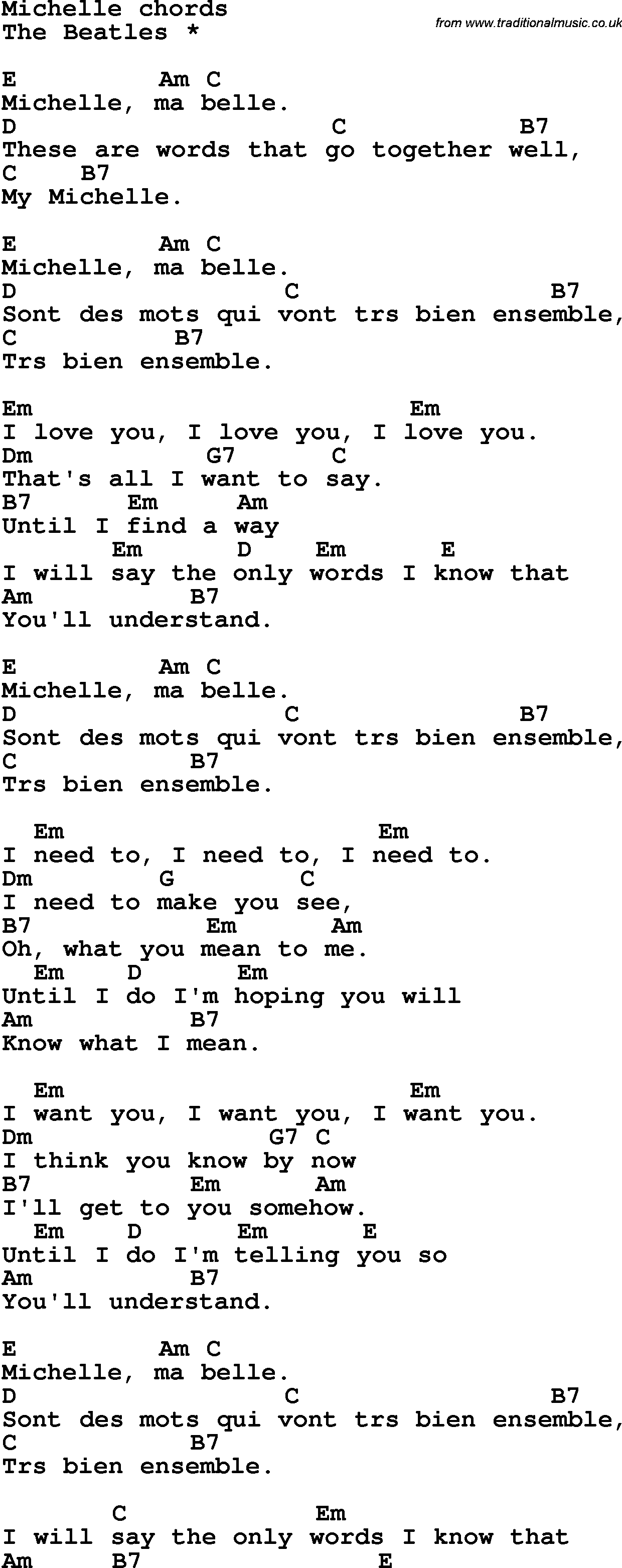 Song Lyrics with guitar chords for Michelle - The Beatles