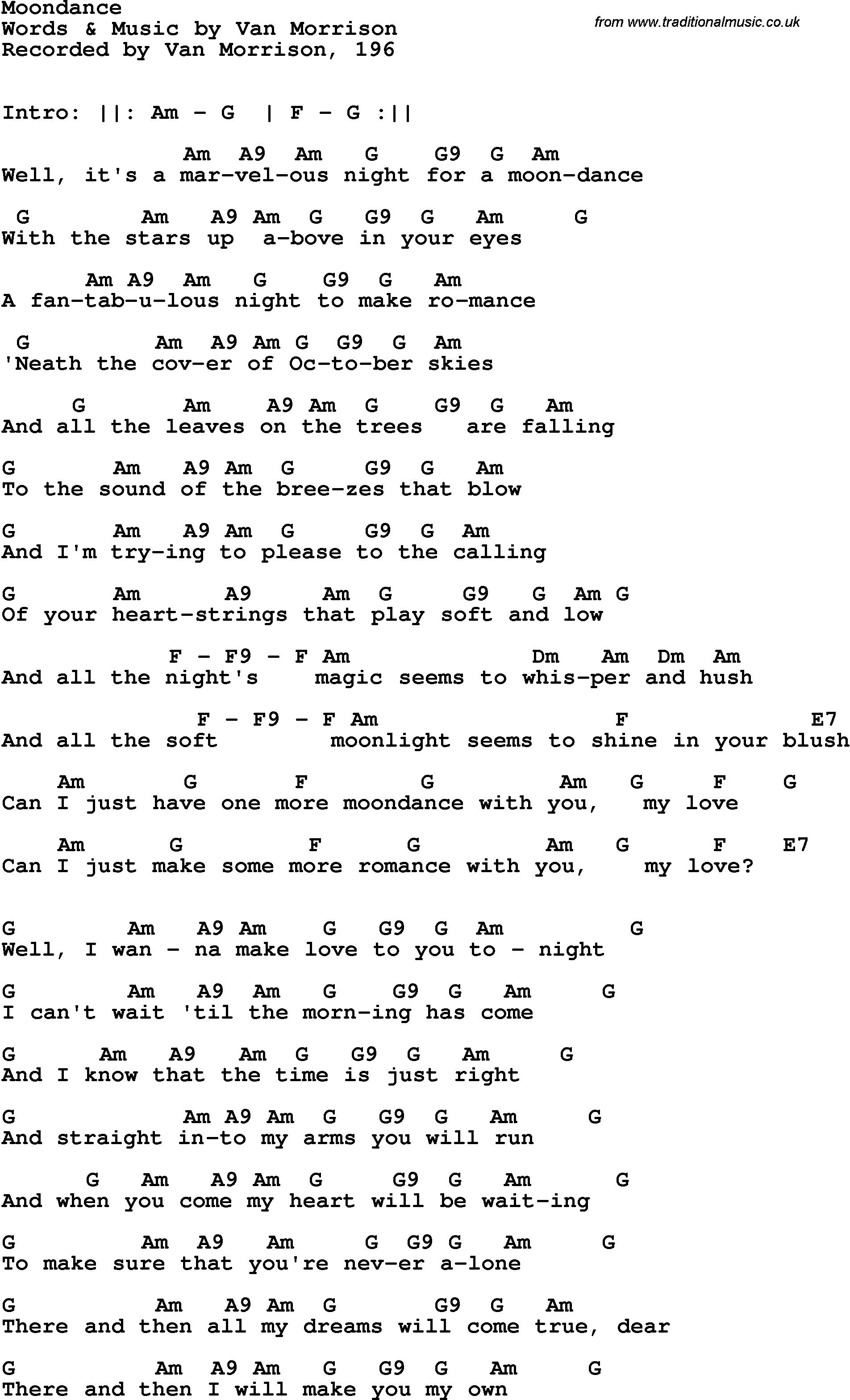 Song Lyrics with guitar chords for Moondance - Van Morrison, 1969
