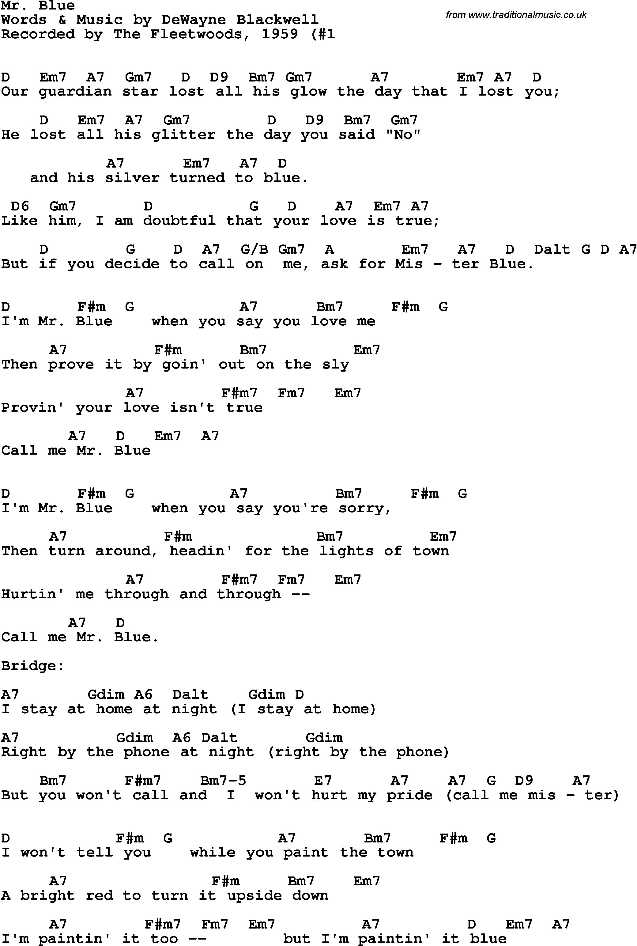 Kælder Masaccio Lada Song lyrics with guitar chords for Mr Blue - The Fleetwoods, 1959