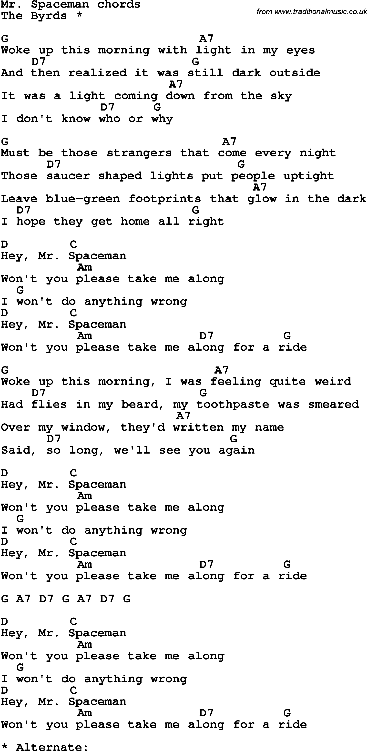 Song Lyrics with guitar chords for Mr Spaceman