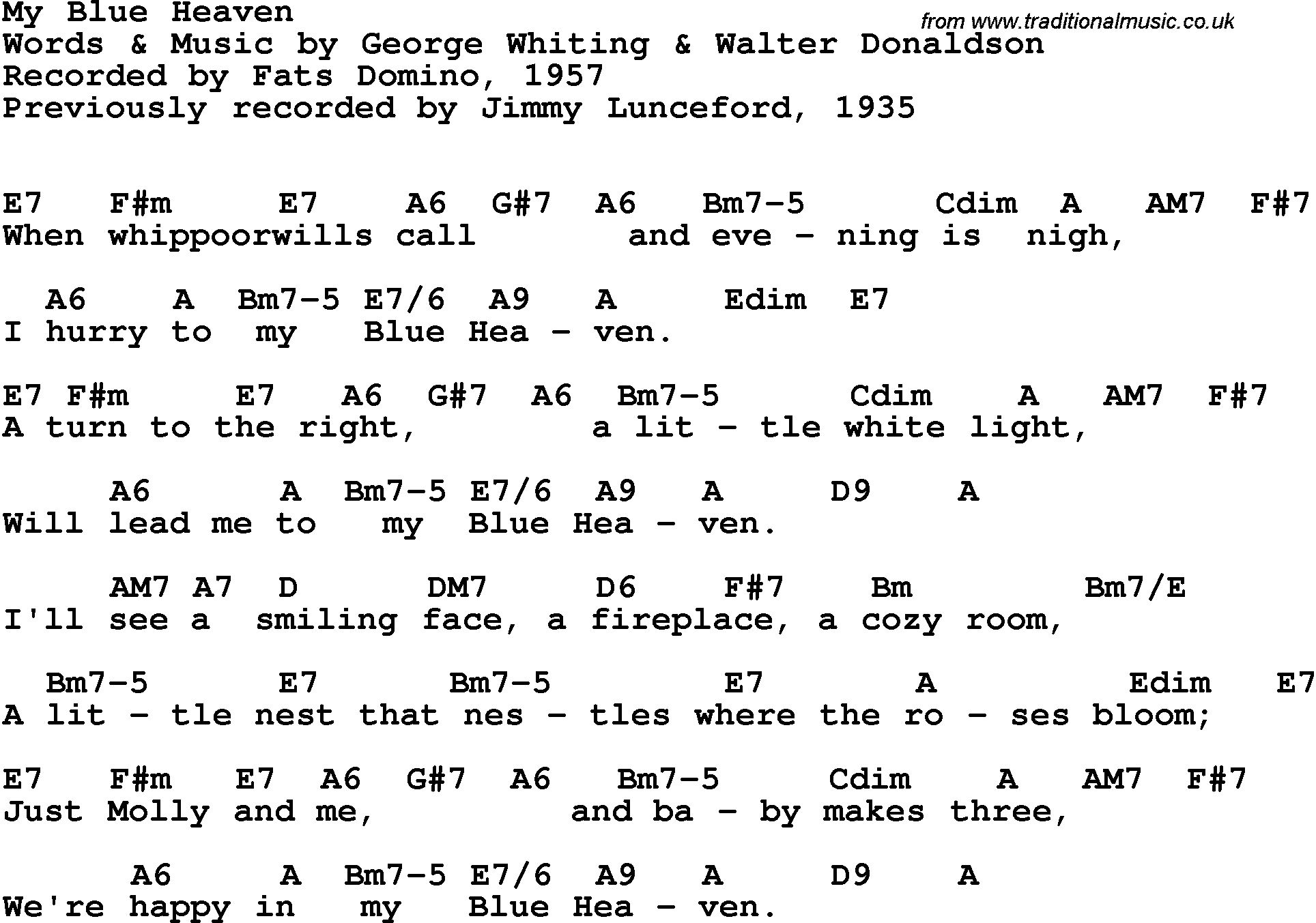 Song Lyrics with guitar chords for My Blue Heaven - Fats Domino, 1947